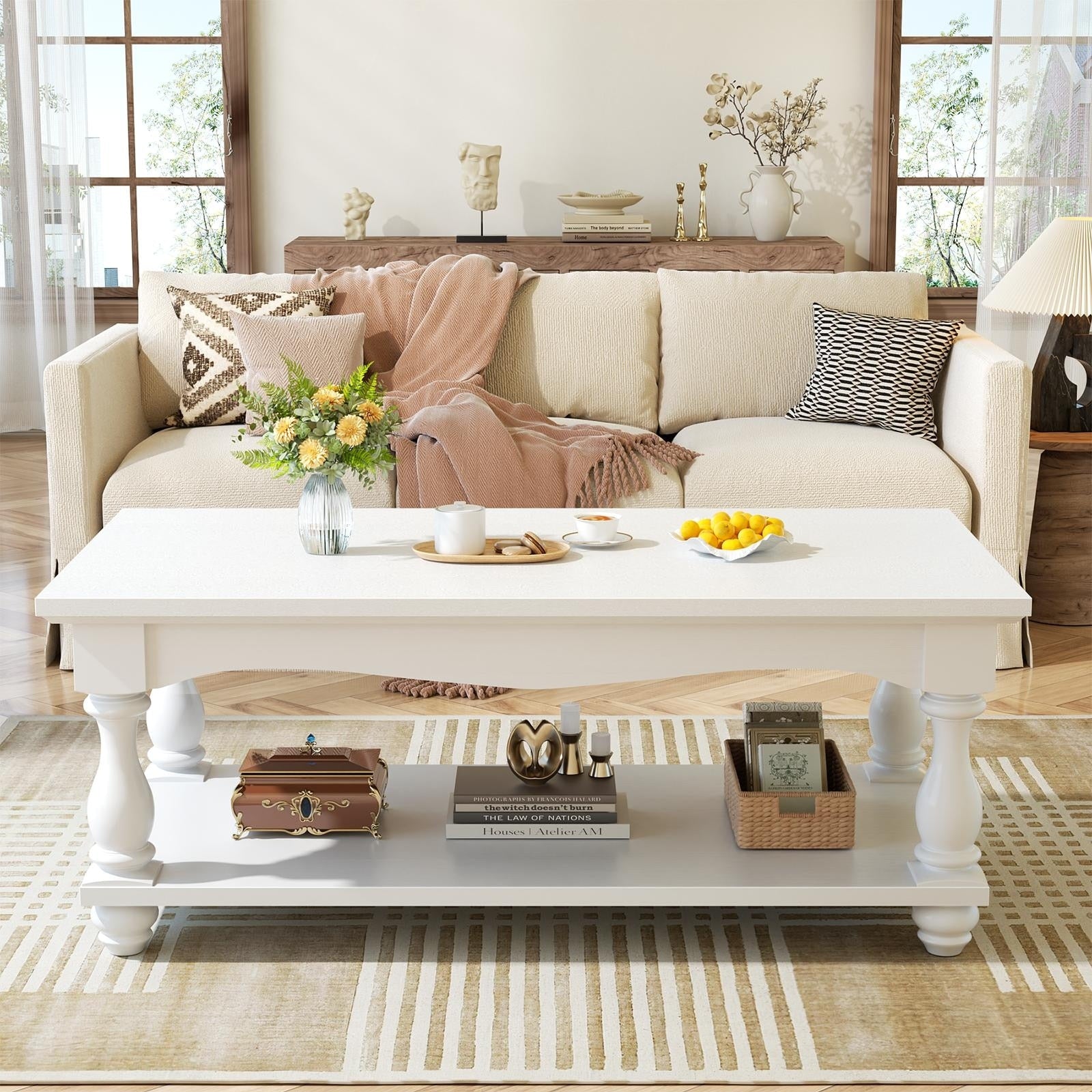 French Country Coffee Table With Storage Shlef Farmhoues Retangular Living Room Table
