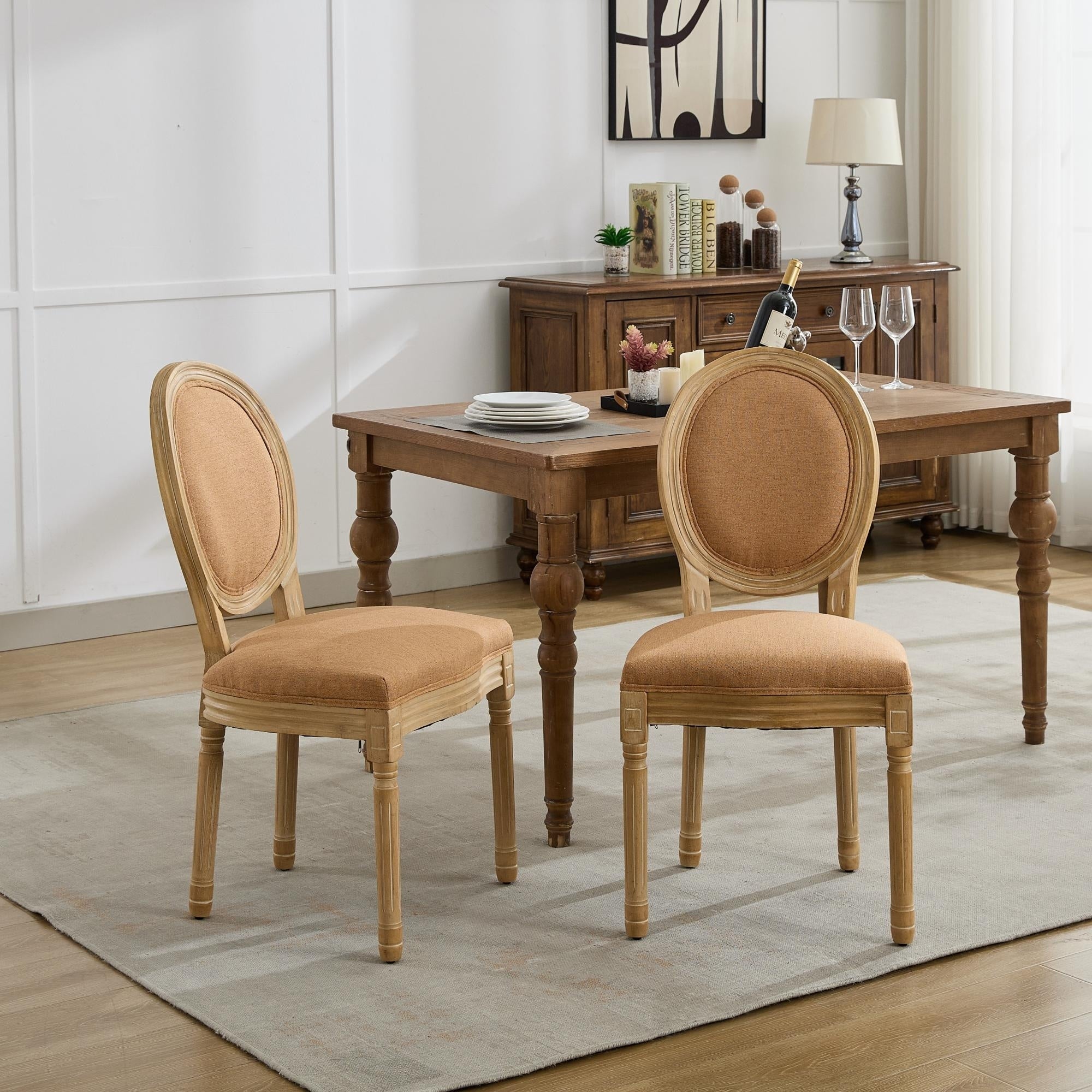 French Style Antique Painting Linen Fabric Back Dining Chair Set Of 2