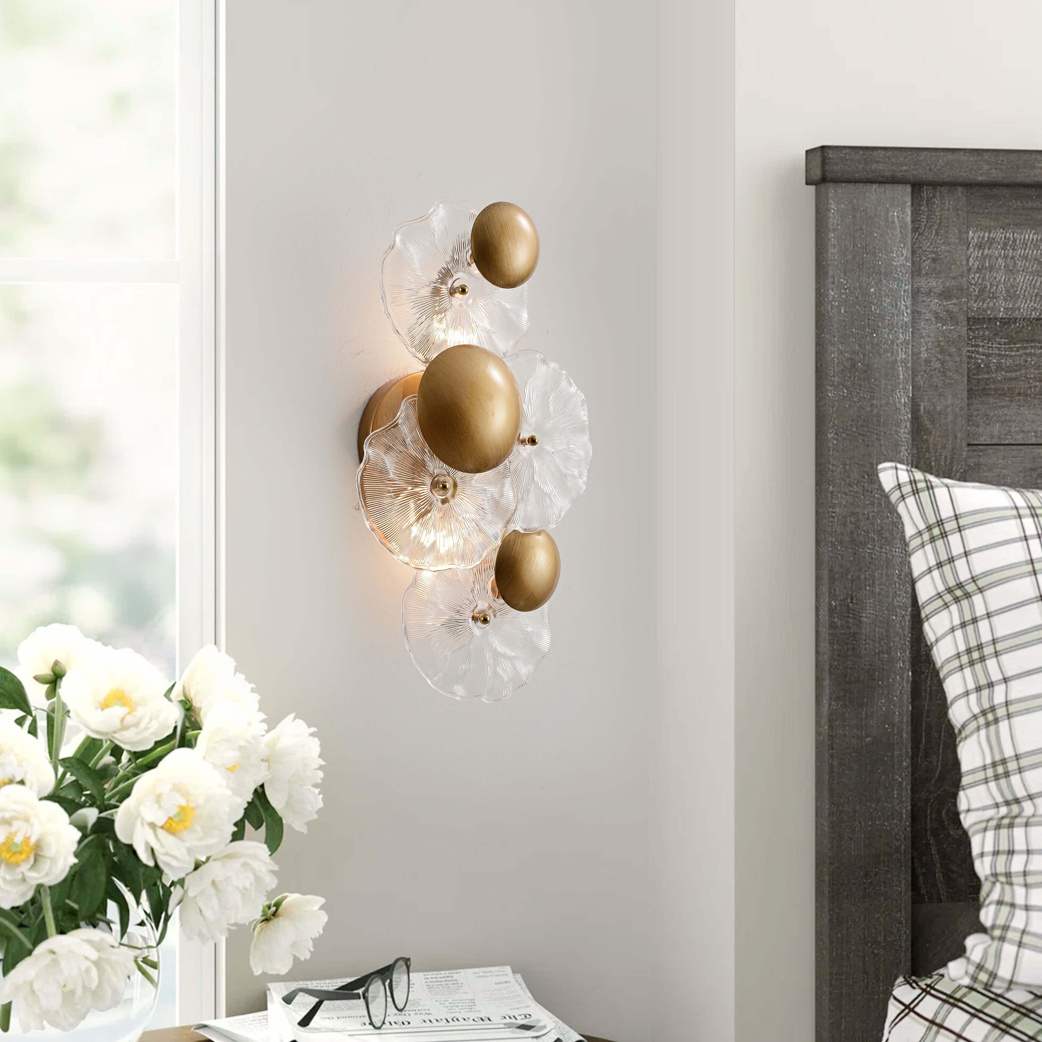 Frieda 2 Light Brushed Brass Glass Flower Wall Sconce 9 W X 16 H X 5.5 D