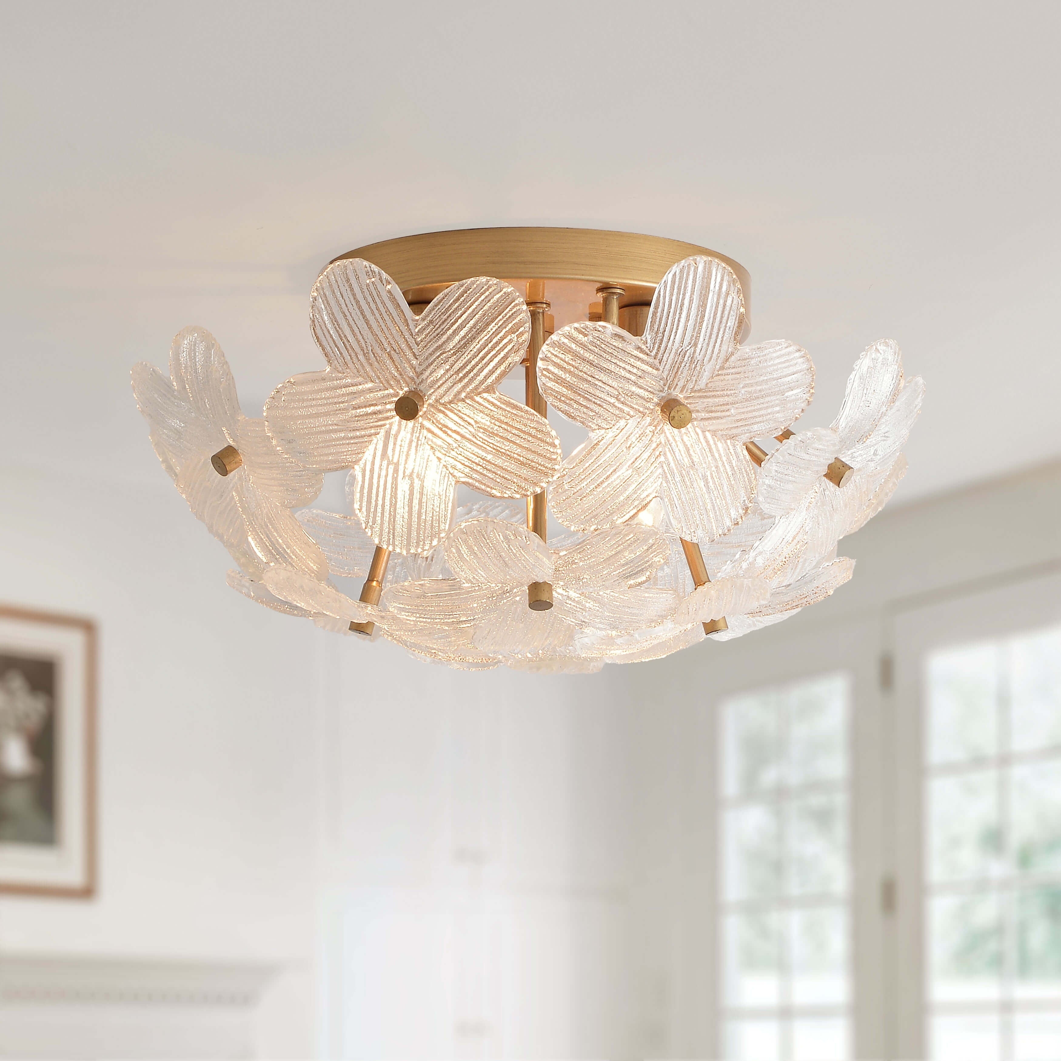 Frieda Modern 3 Light 16 Brushed Brass Clear Glass Flower Flush Mount 16 Inches In Diameter X 7.5 Inches H