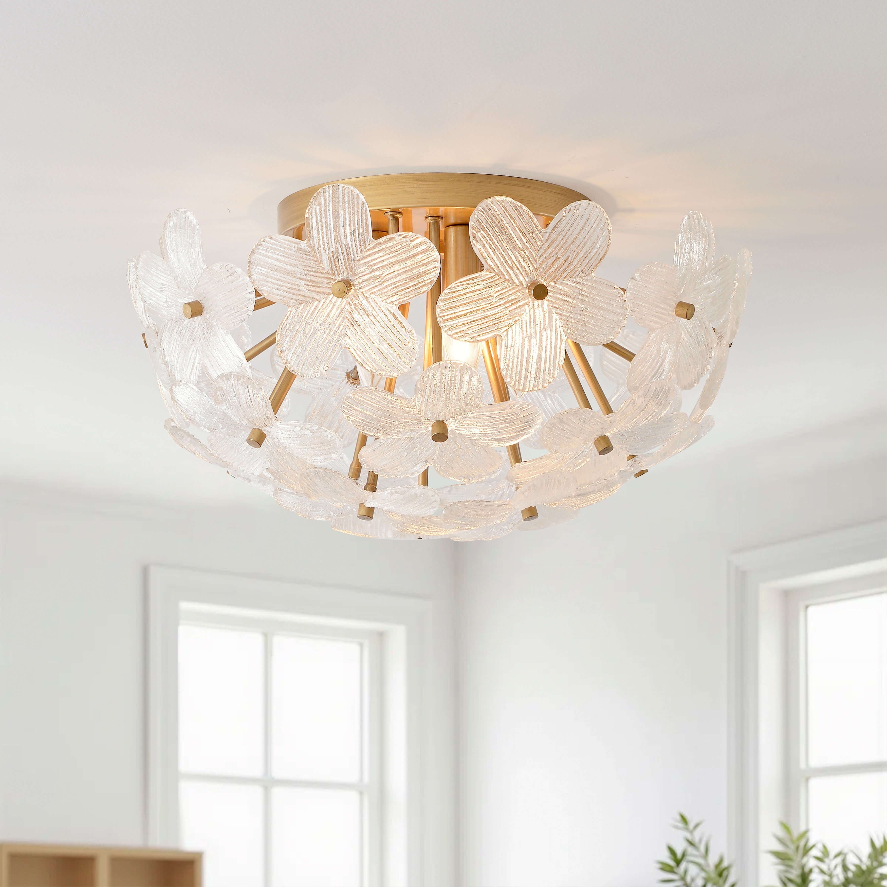 Frieda Modern 5 Light 20 Brushed Brass Clear Glass Flower Flush Mount 20 Inches In Diameter X 10 Inches H