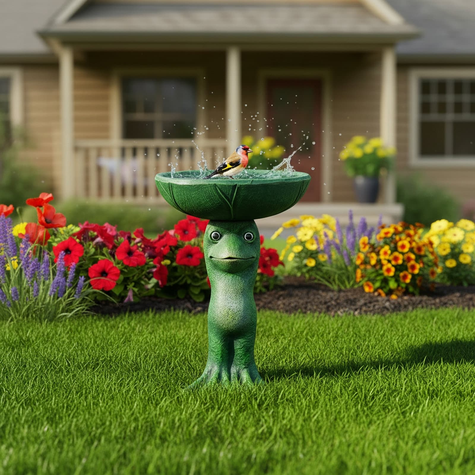 Frog Statue Bird Bath Fibre Reinforced Concrete Lily Pad Basin Outdoor Decor