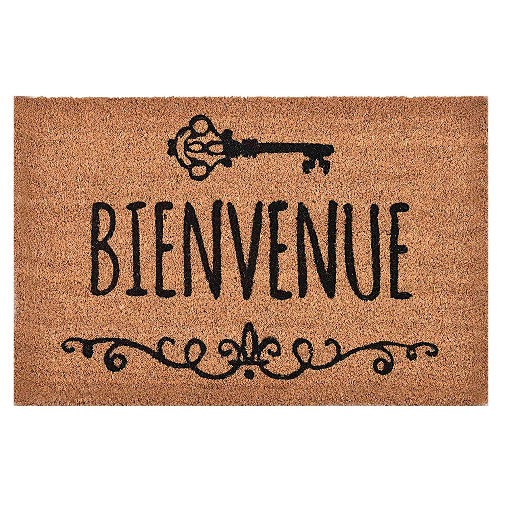 Evideco Sheltered Printed Front Door Mat Bienvenue Coir Coco Fibers Rug 24X16 Inch Natural