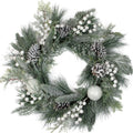 24 Frosted Artificial Mixed Pine And Pine Cone Wreath With White Berries And Balls Unlit