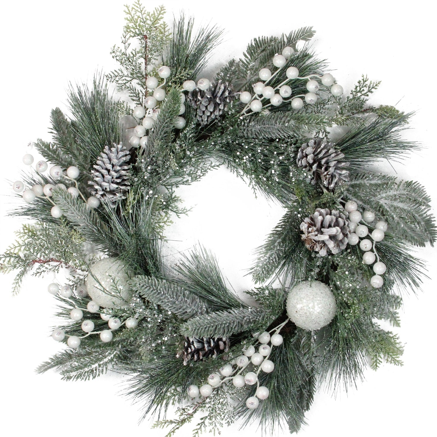 24 Frosted Artificial Mixed Pine And Pine Cone Wreath With White Berries And Balls Unlit