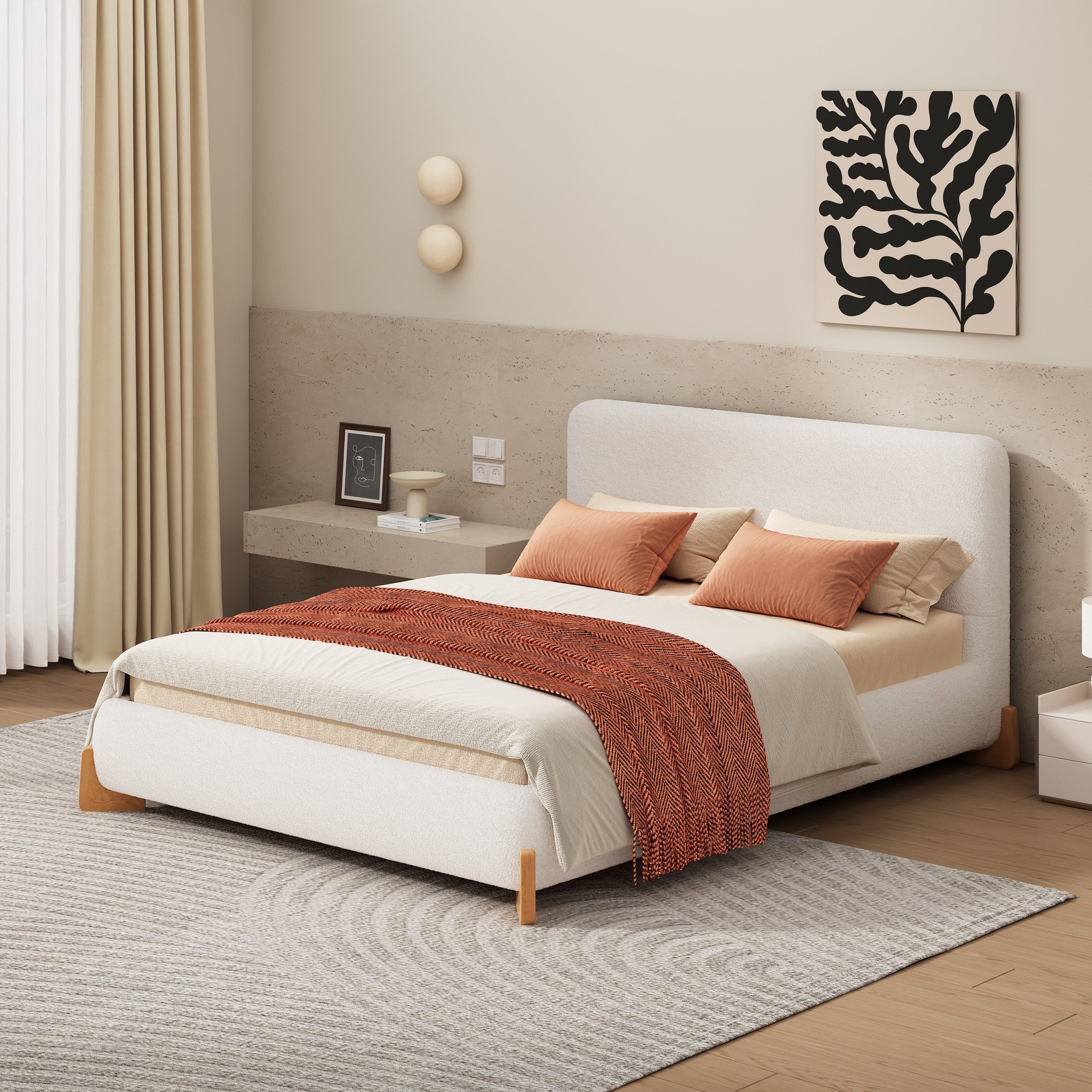 Full Queen King Elegant Boucle Upholstered Bed With Sturdy Wooden Legs And Luxurious Comfort