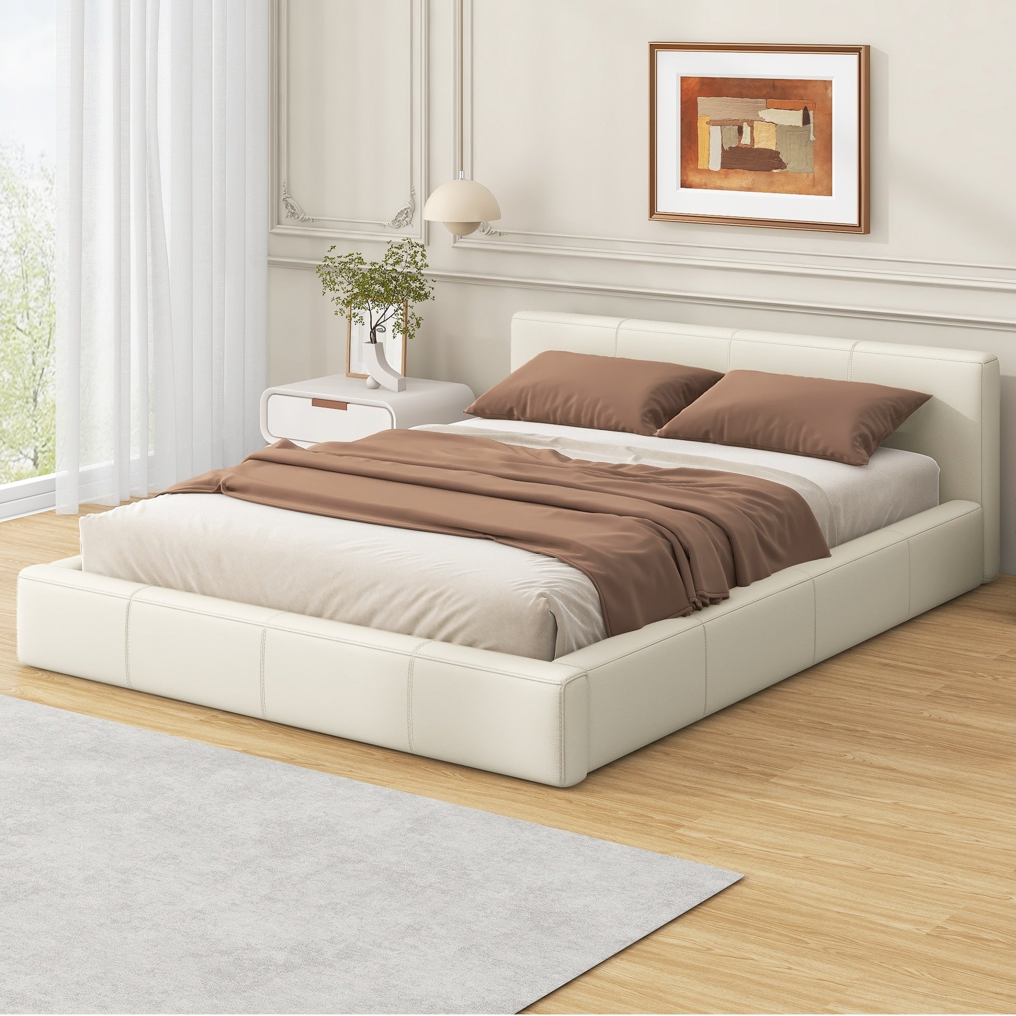 Full Queen King Stylish Beige Upholstered Bed With Faux Leather And Solid Wood Frame