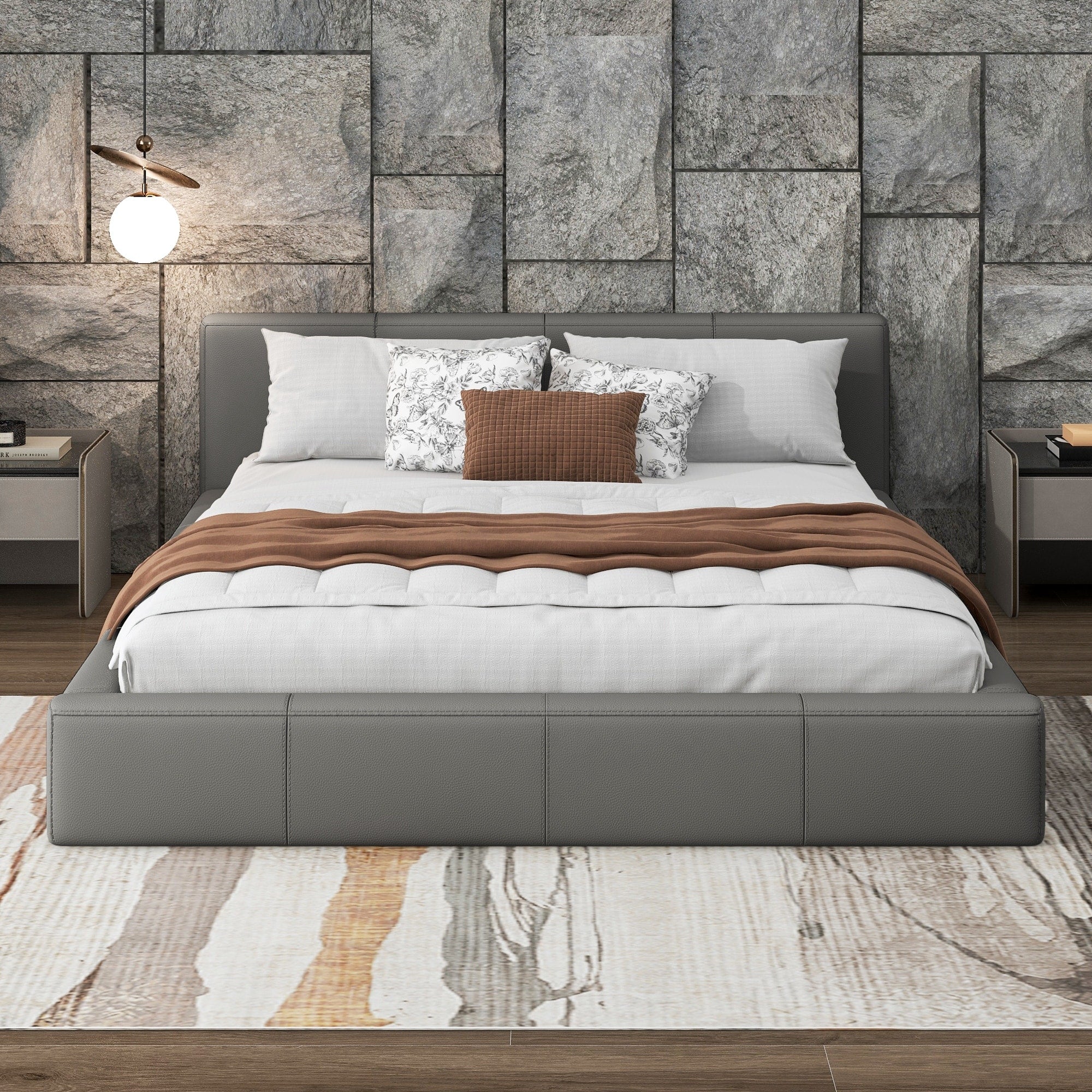 Full Queen King Stylish Gray Upholstered Bed With Faux Leather And Solid Wood Frame