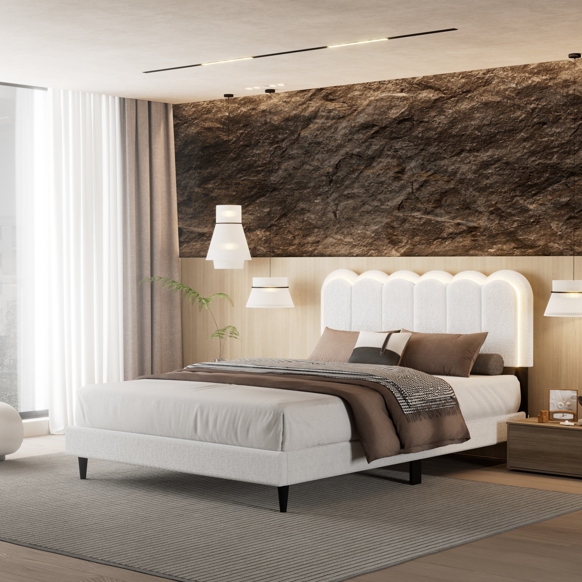 Full Queen Cream Petal Headboard Bed With Built In Ambient Light And Silent Design