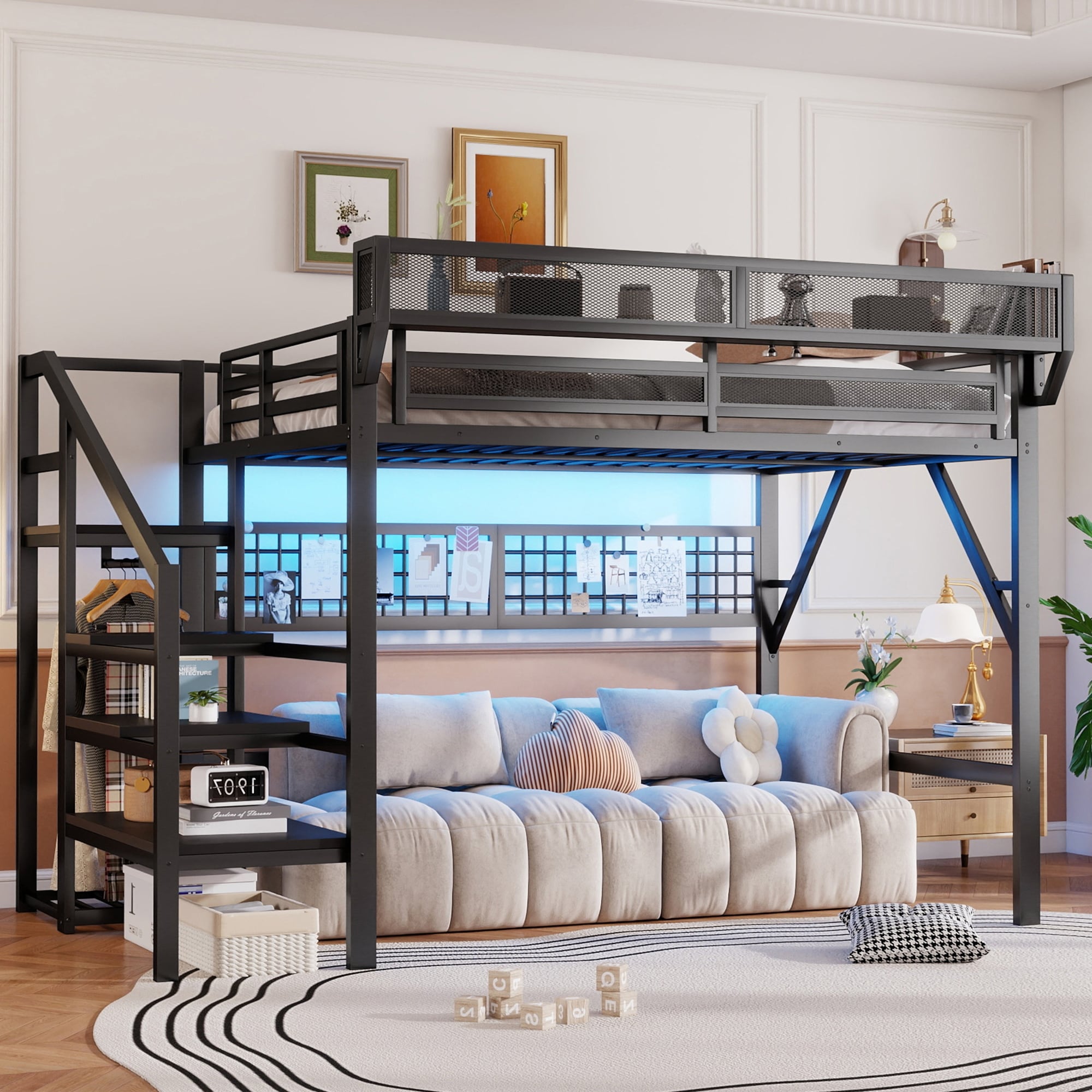 Full Queen Metal Loft Bed With Stairs Light Storage Wardrobe For Kids Teens Adults
