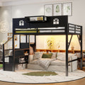 Full Queen Size Loft Bed With Stairs House Shaped Guardrails And Wardrobe Storage