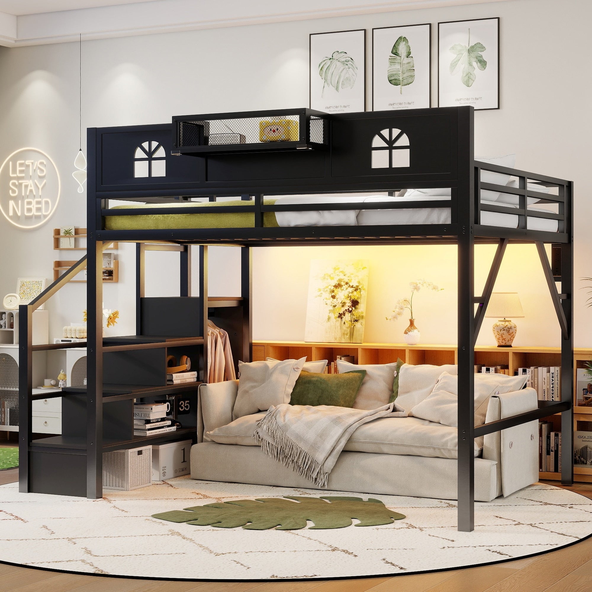 Full Queen Size Loft Bed With Stairs House Shaped Guardrails And Wardrobe Storage