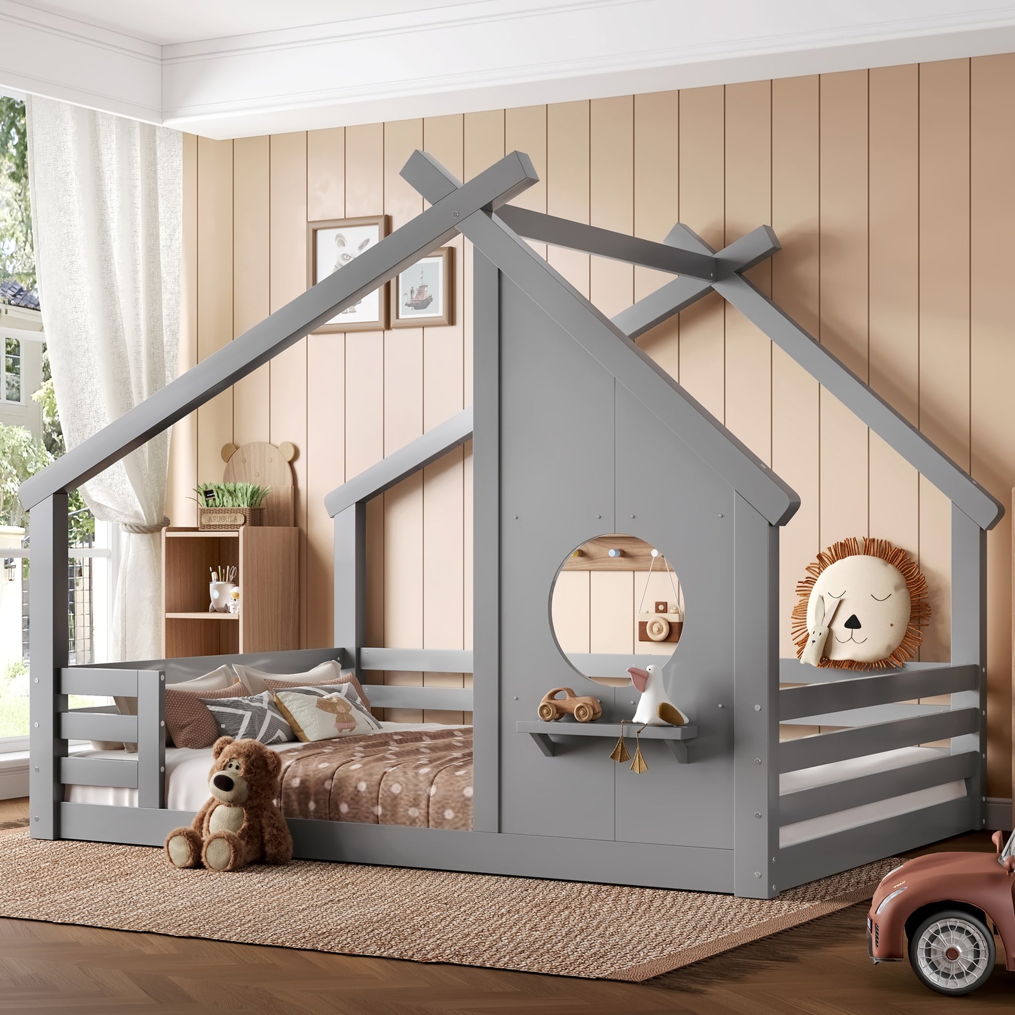 Full Twin House Floor Bed With Roof Window Shelf No Box Spring Needed