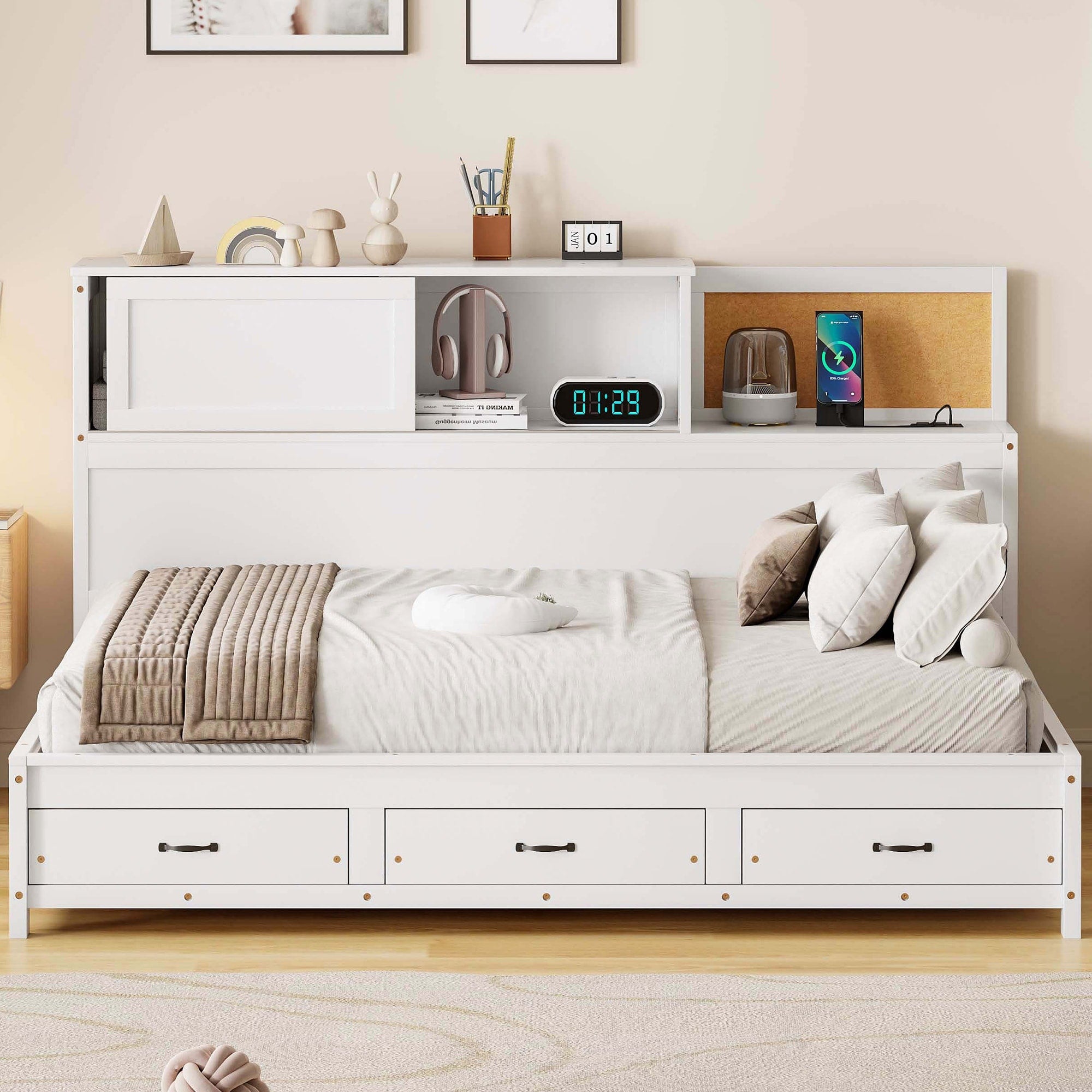 Full Twin Wooden Daybed With 3 Storage Drawers Pushable Top Shelf And Usb Ports