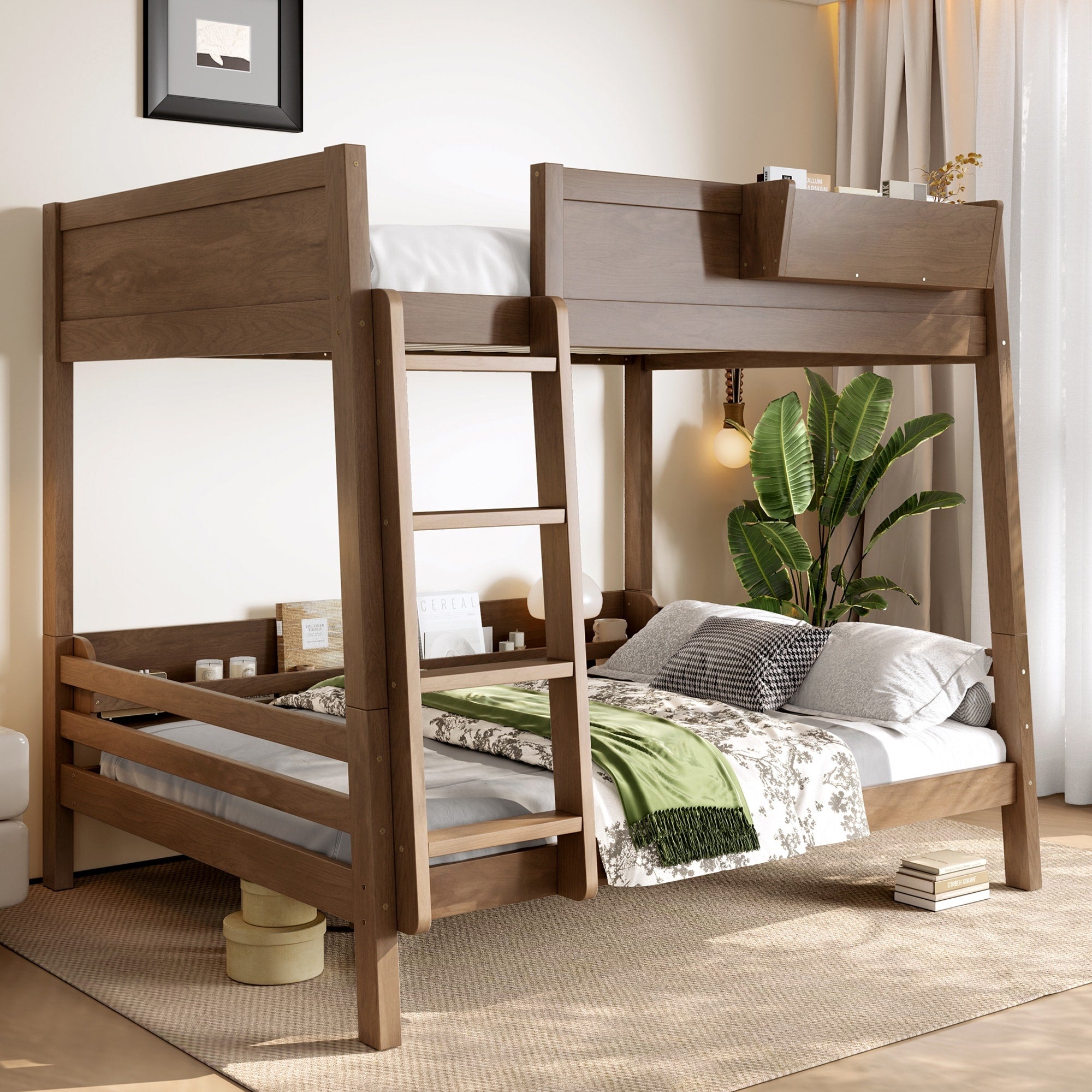 Full Bunk Bed With Storage Shelf And Bookshelf Wood Bunk Bed With Ladder And Guardrails Detachable Design