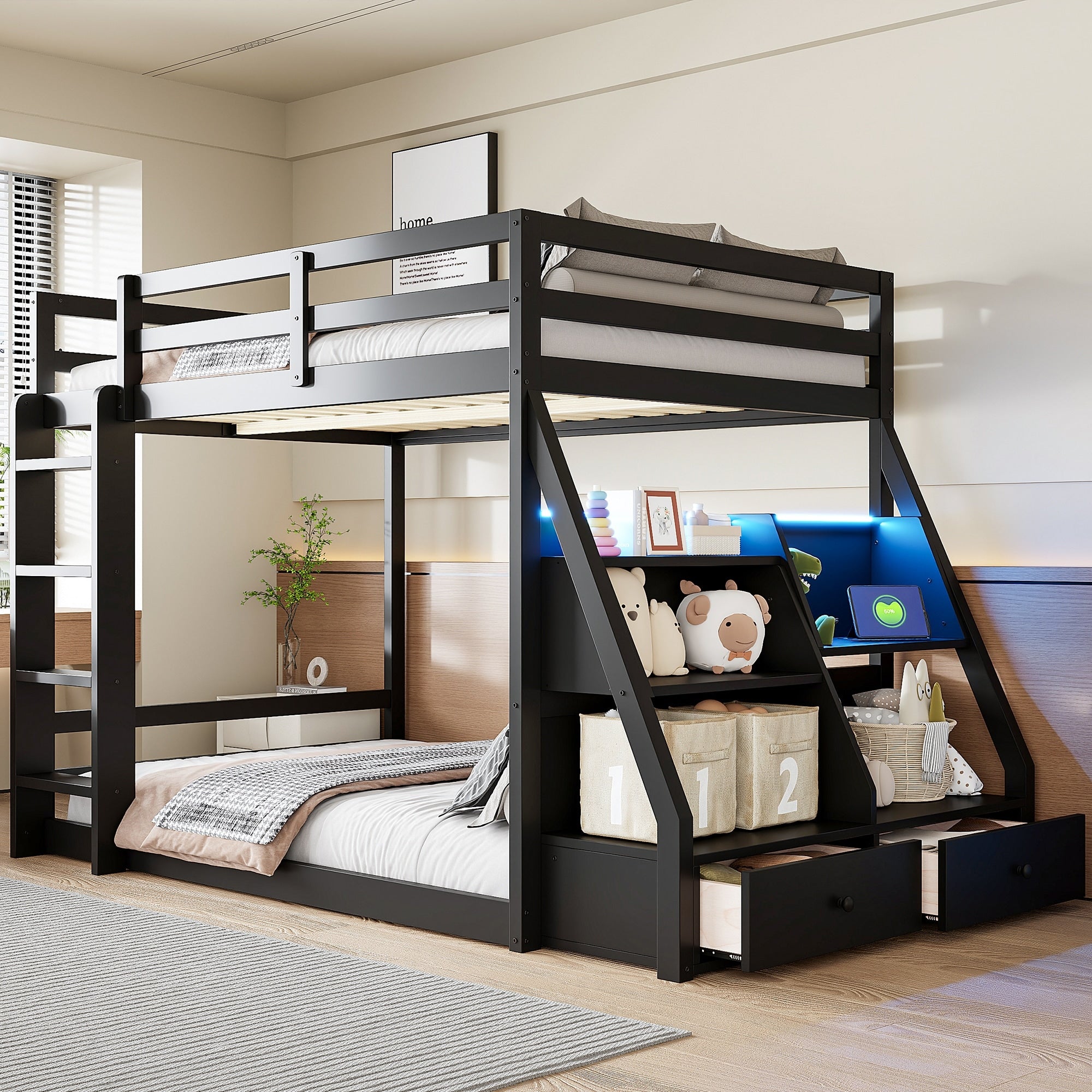 Full Bunk Bed With App Led Lights Usb Ports Storage Shelves And Drawers