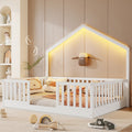 Full Floor Bed With High Rails Wooden Montessori Bed With Light For Kids Boys And Girls White