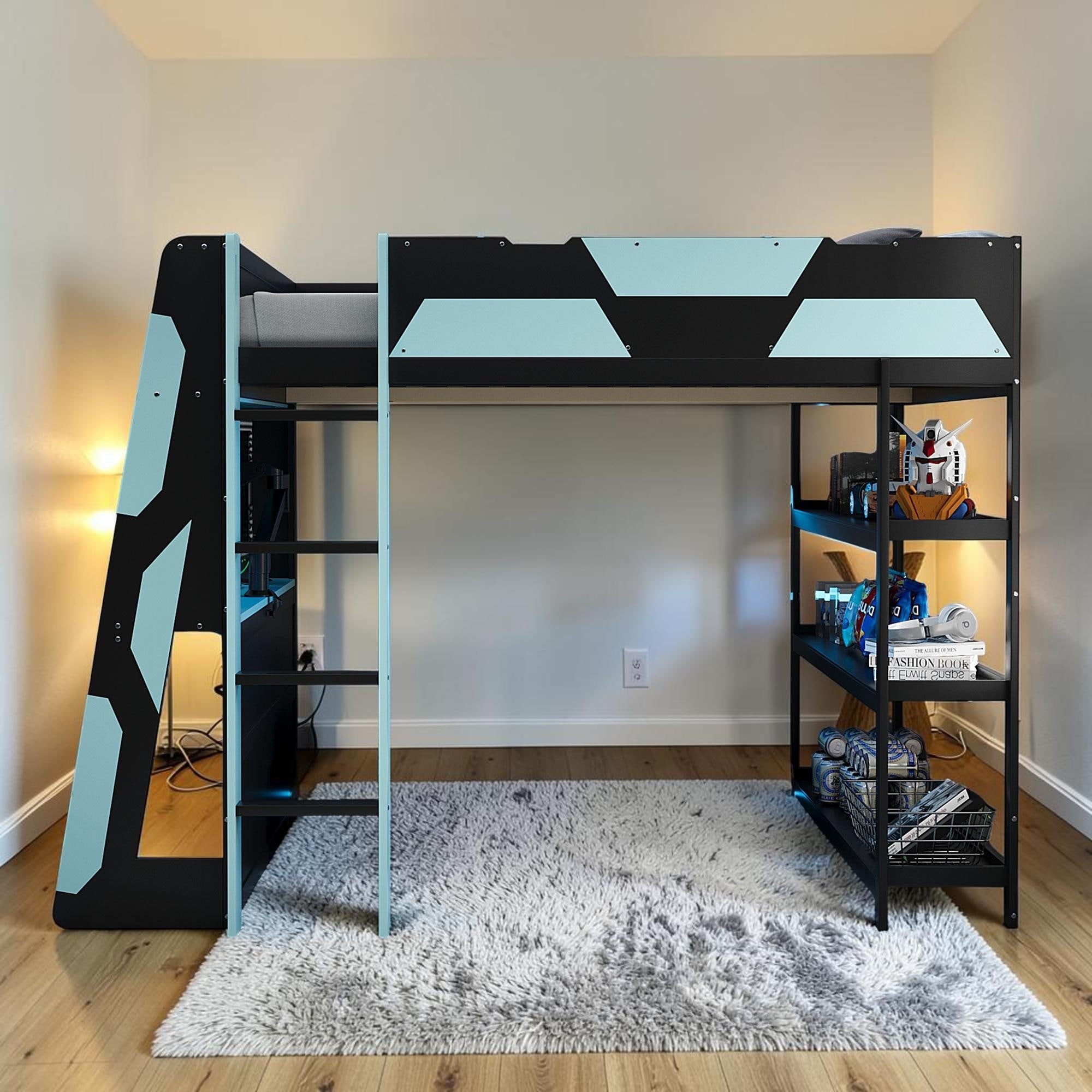 Full Gaming Loft Bed With Desk Led Lights And Storage Shelves Wood Loft Bed With Usb Power Station