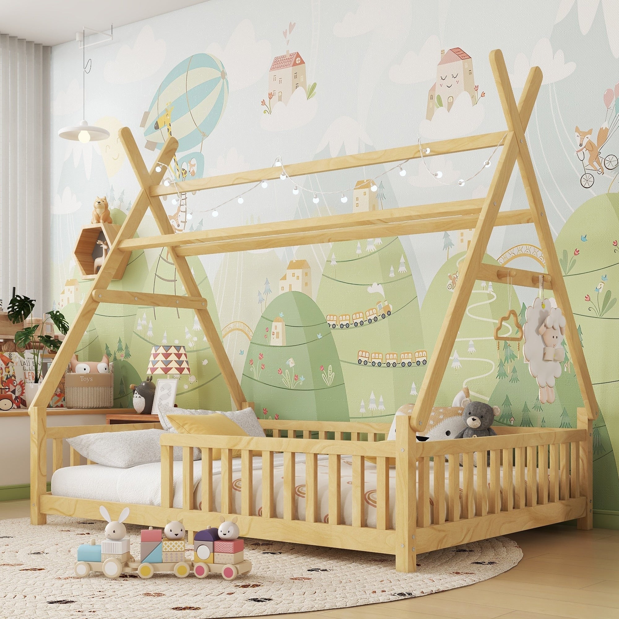 Full House Bed With Light Low Floor House Bed With Fence And Roof For Kids Boys Girls