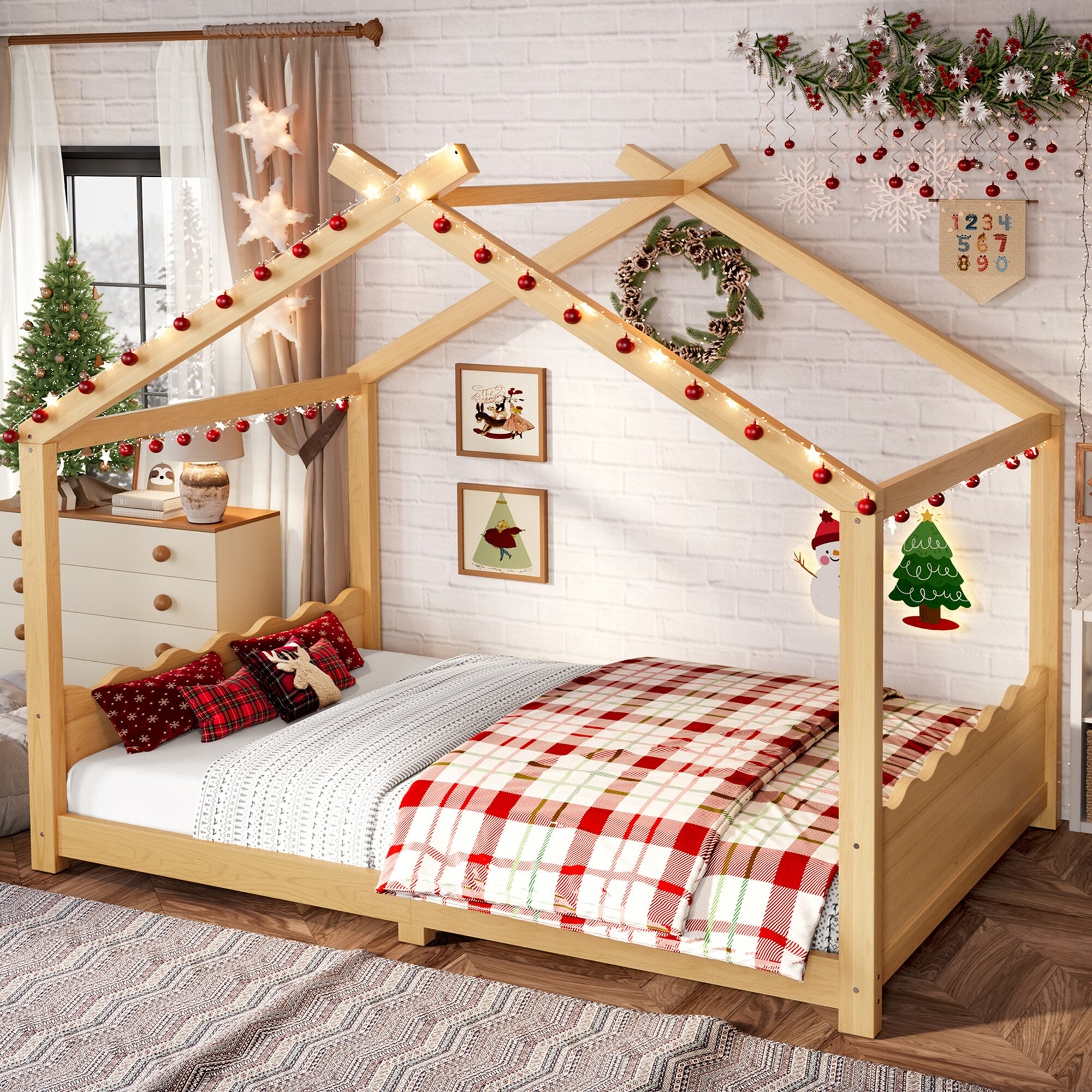 Full House Floor Bed With Support Slats Solid Wood House Bed Frame For Kids No Box Spring Needed