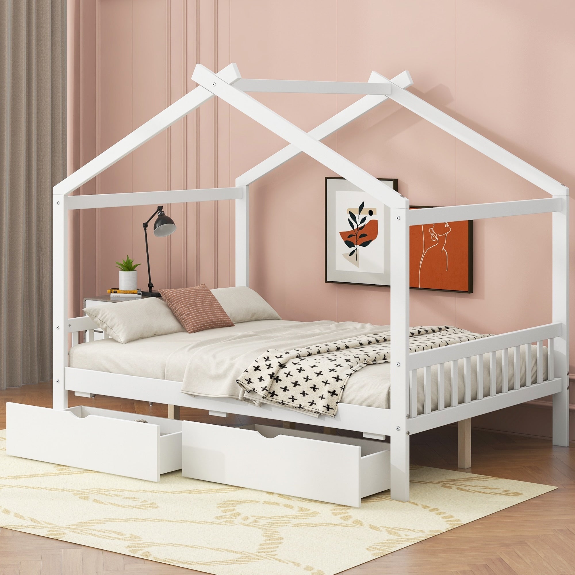 Full House Platform Bed With Roof Headboard Footboard Drawers