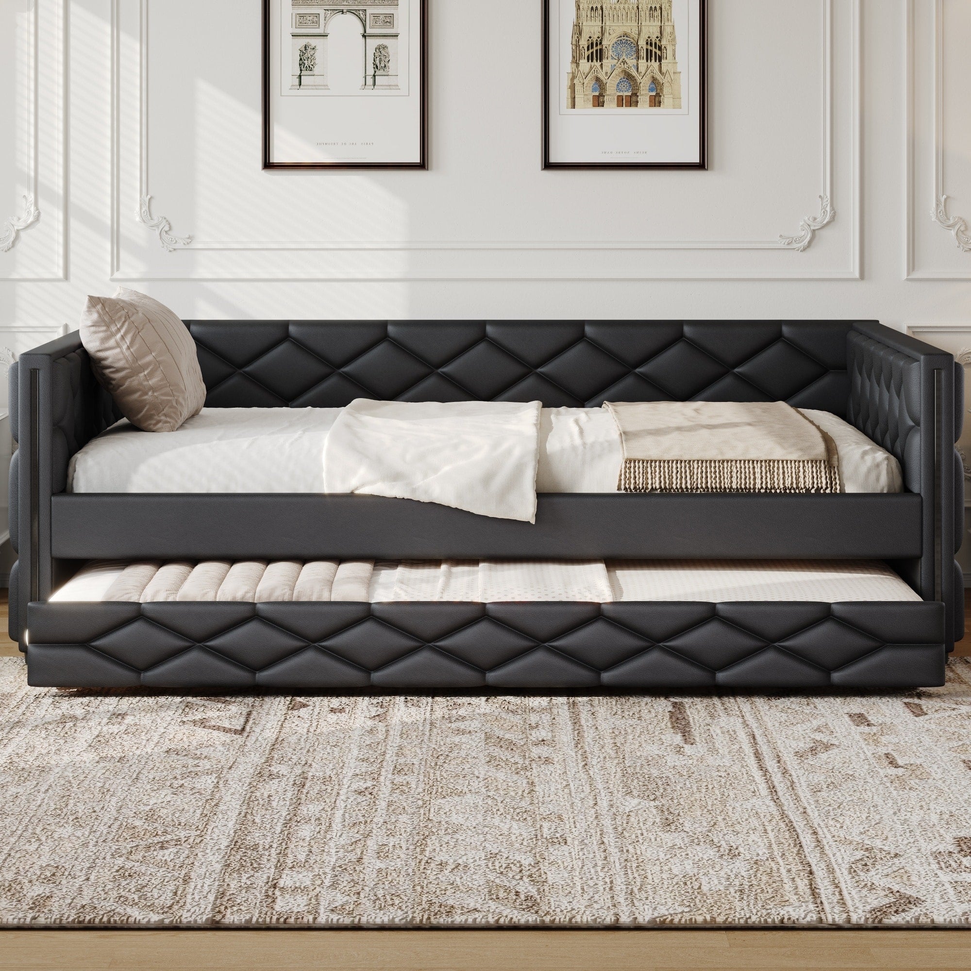 Full Leather Upholstered Daybed With Trundle Bed And Led Light