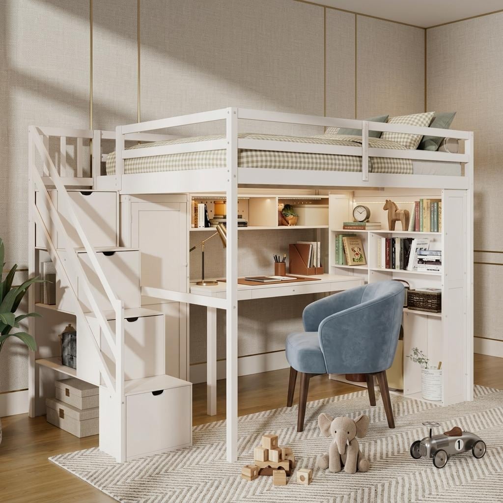Full Loft Bed Frame With Wardrobe Desk Led Lighting By Harper Bright Designs