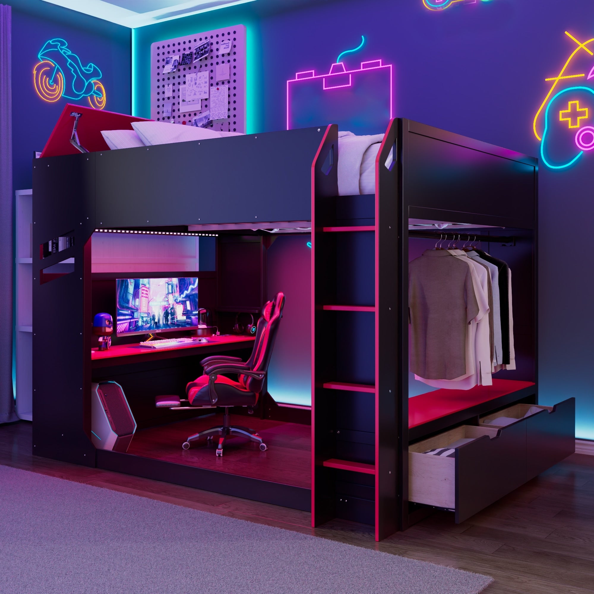 Full Loft Bed With Adjustable Desk Drawers Storage Rgb Lights