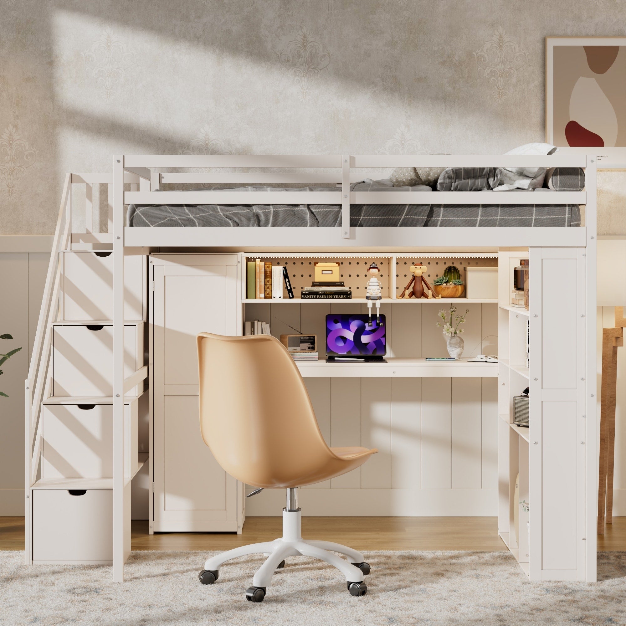 Full Loft Bed With Built In Wardrobe Study Desk Space Saving Frame With Led Lights Shelves