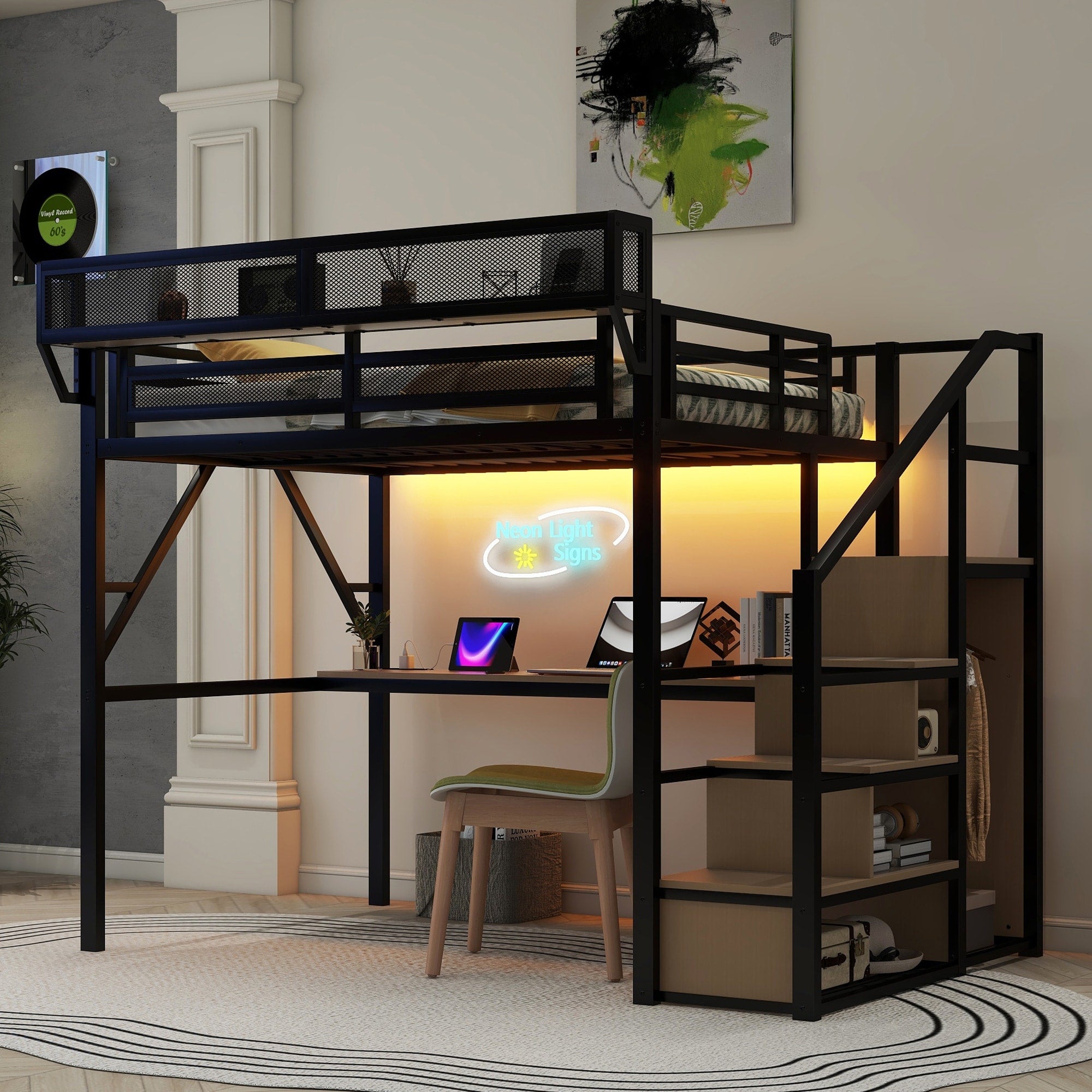 Full Loft Bed With Desk And Charging Station Full Size Metal Loft Bed With Stairs And Light For Kids Teens