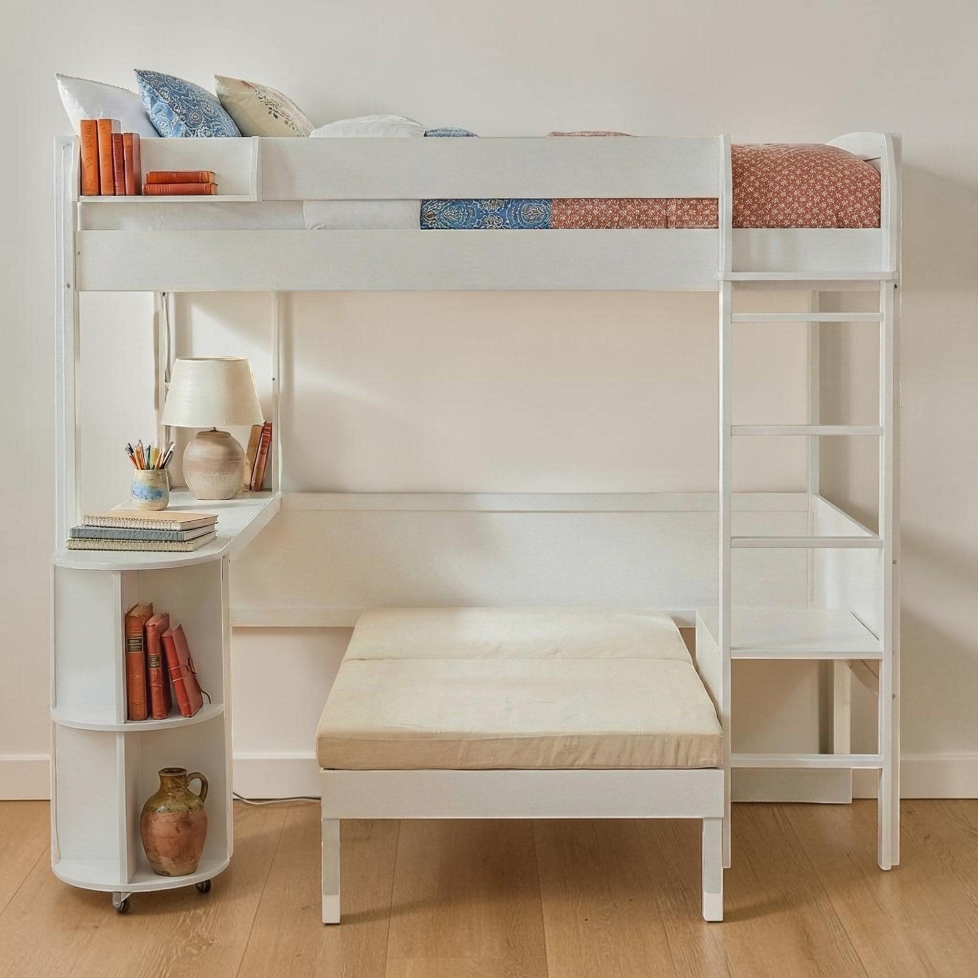 Full Loft Bed With Desk Sofa And Led Light Wood Loft Bed With Storage Shelf And Workspace