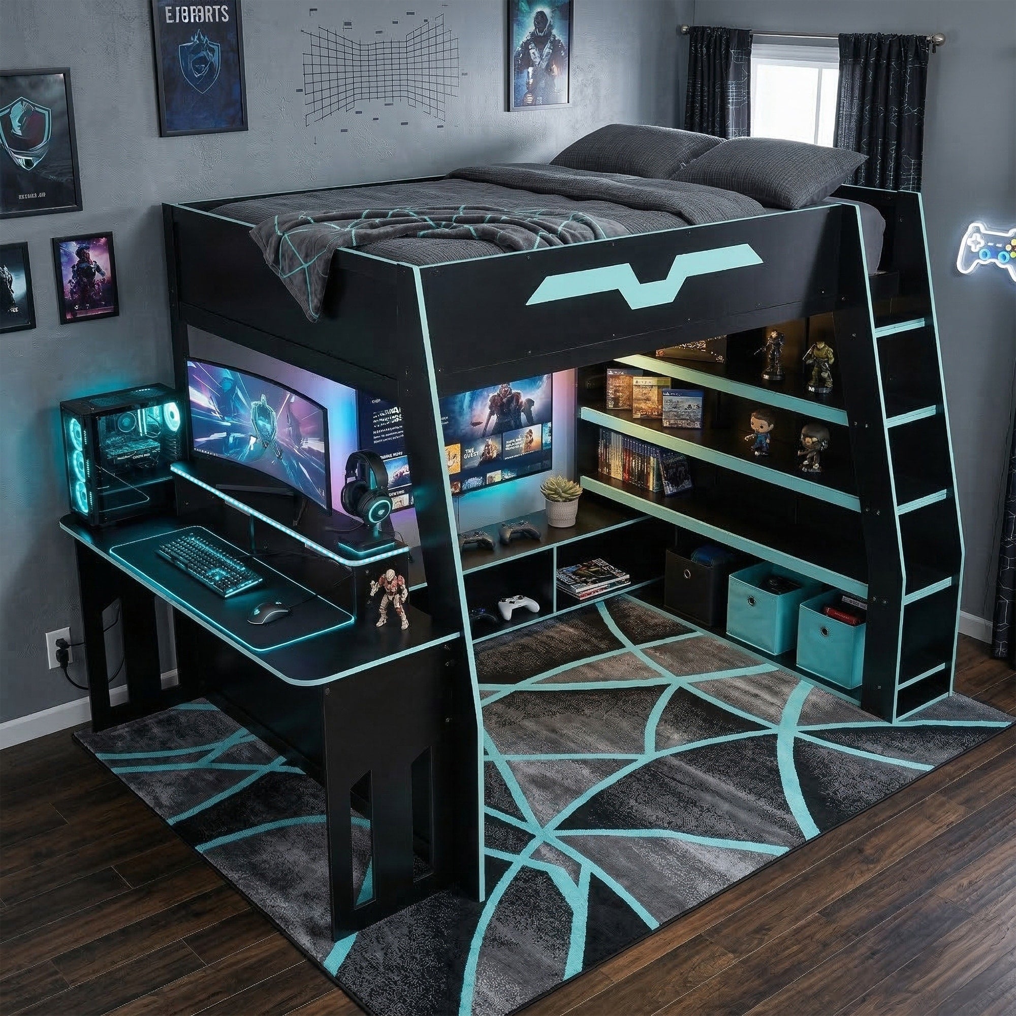 Full Loft Bed With Flex Desk Rgb Glow Shelf Ladder Power Hub By Harper Bright Designs