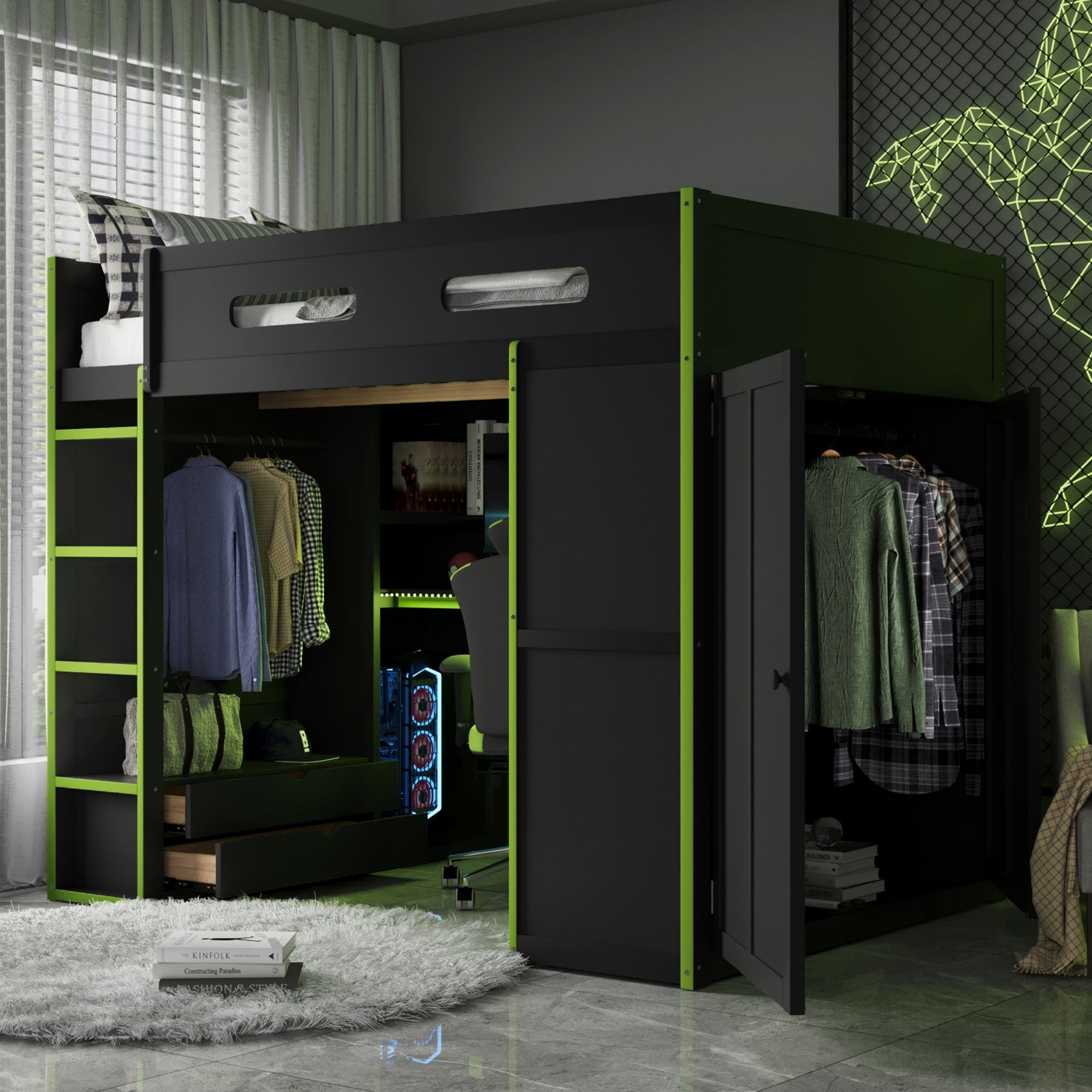 Full Loft Bed With Gaming Desk Wardrobe Usb Port And Rgb Lighting
