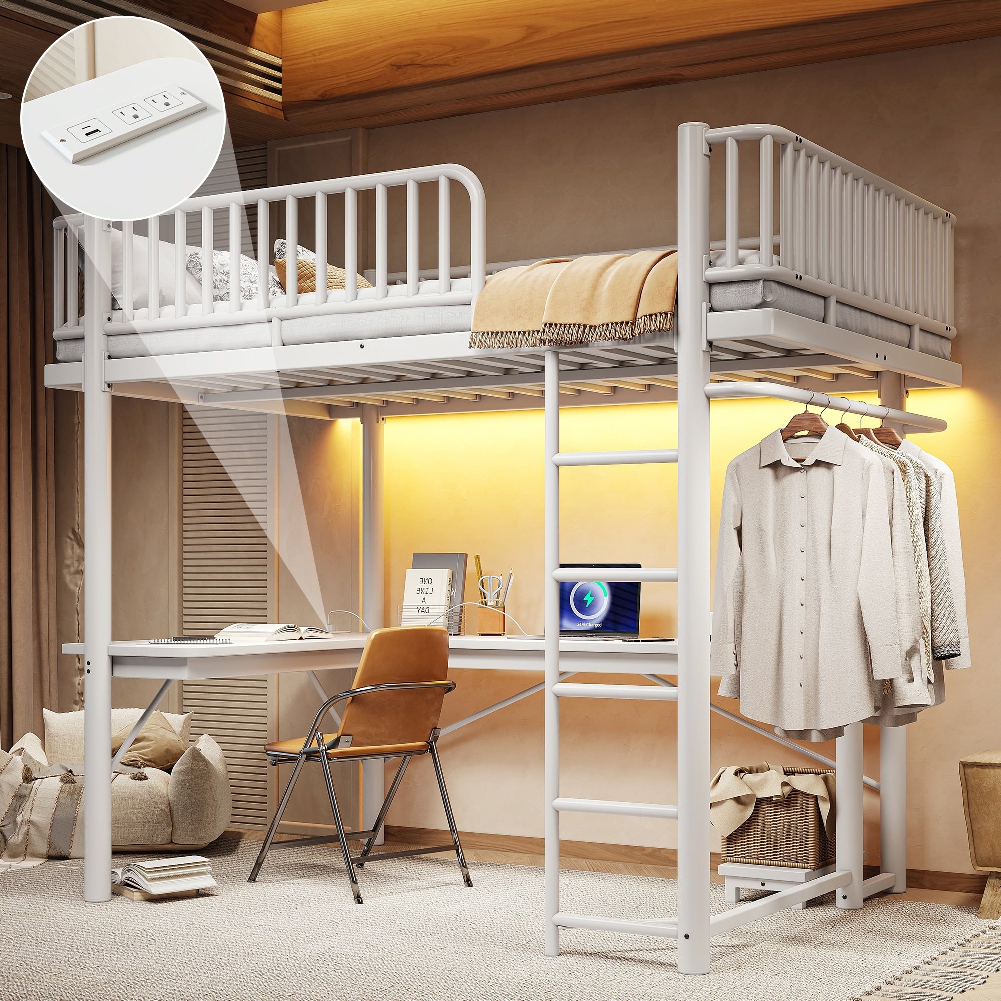 Full Loft Bed With L Shaped Desk Led Light Strip And Charge Station Metal Loft Bed With Computer Mainframe Tray And Hanging Area