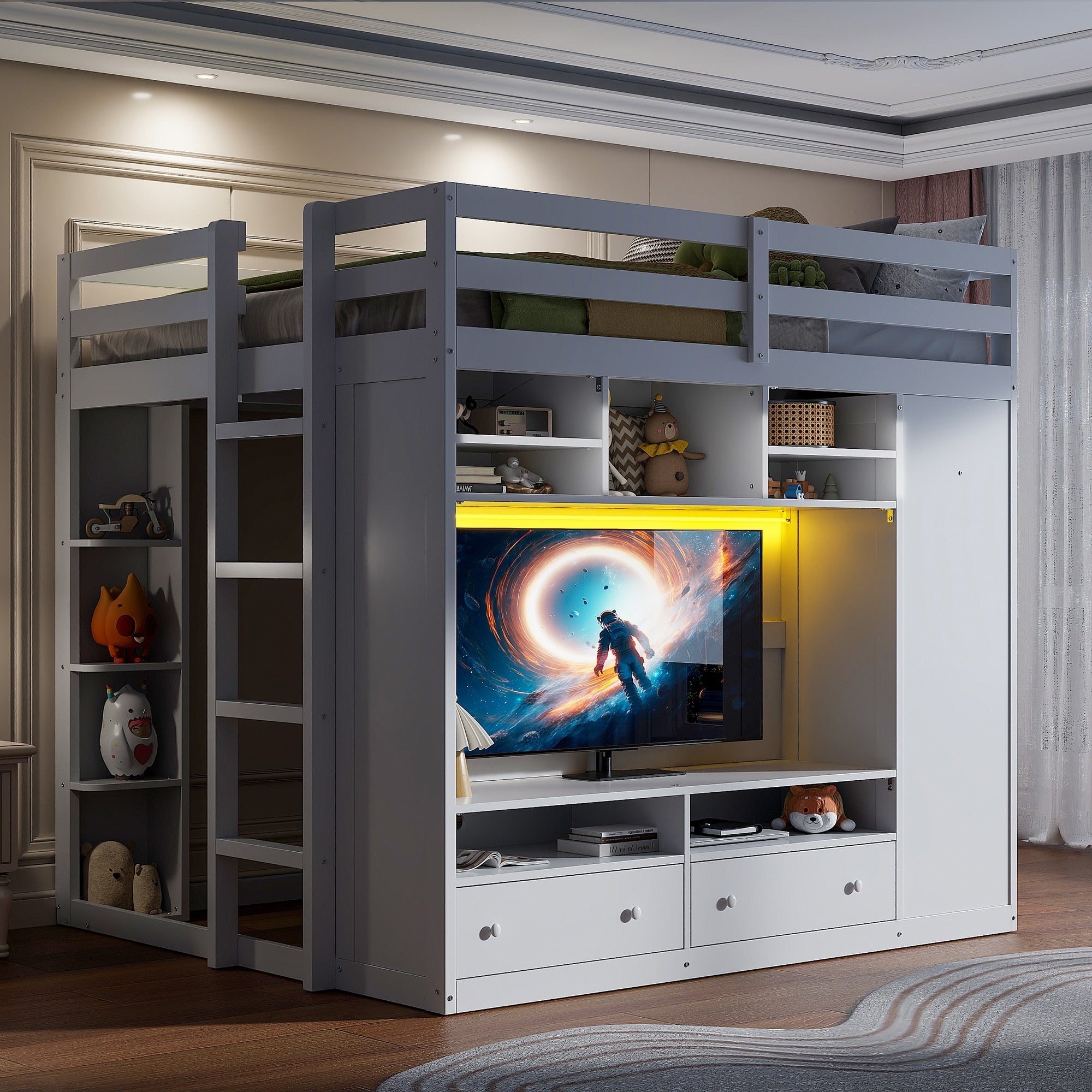 Full Loft Bed With Storage Drawers Shelves And Adjustable Led Lighting