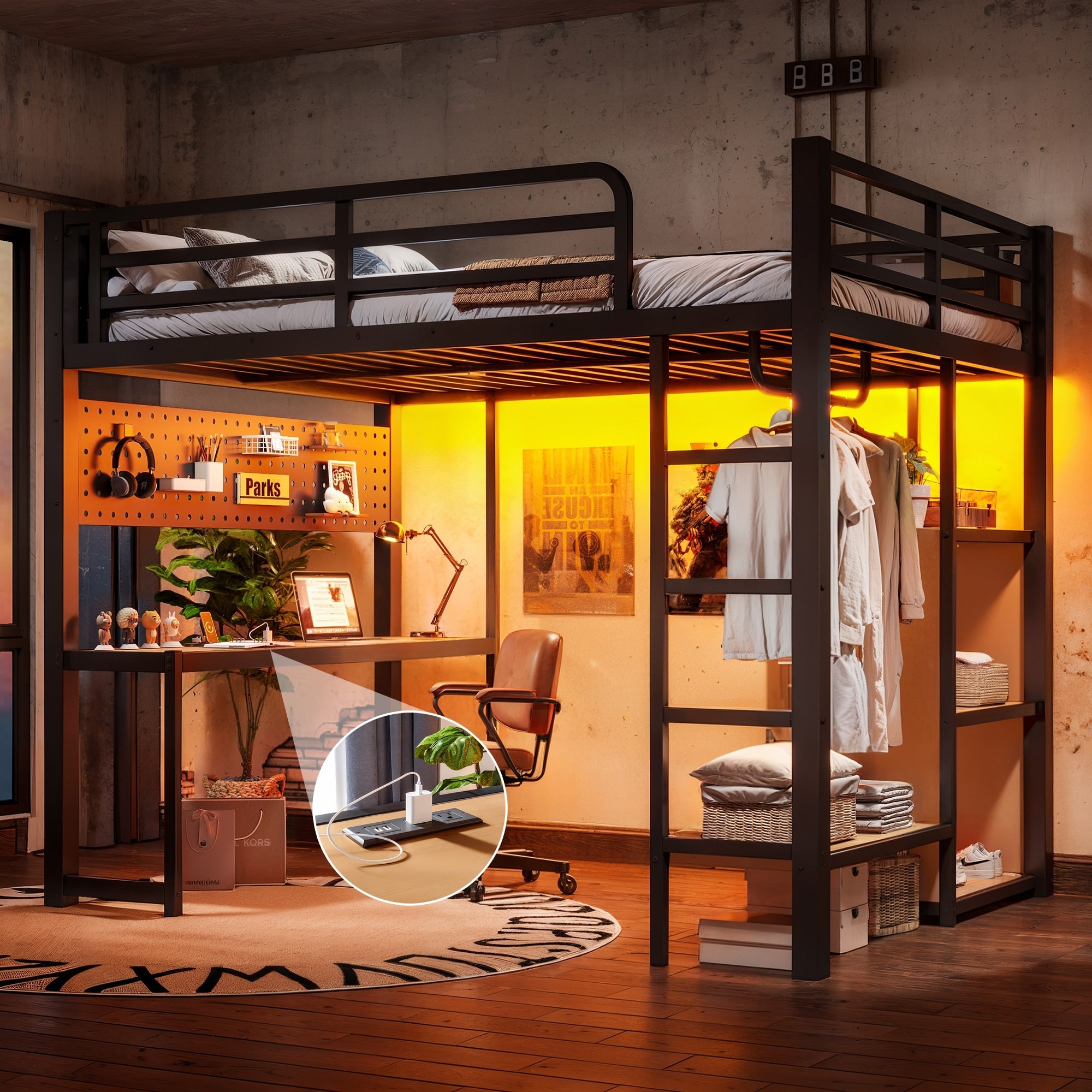 Full Loft Bed With Storage Shelves And Desk Metal Loft Bed With Usb Ports Lights And Hanging Rod Cave Board Design Black
