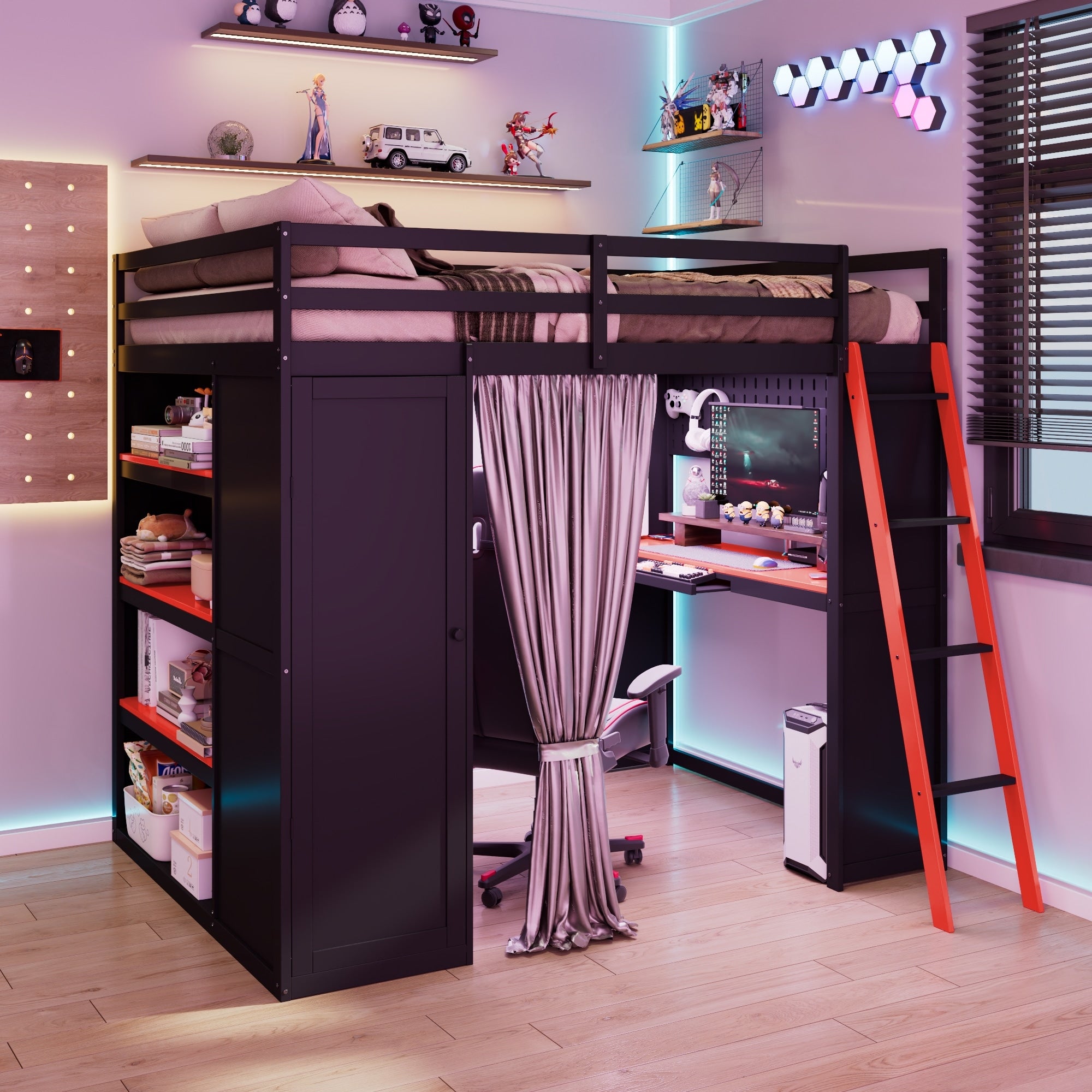 Full Loft Bed With Wardrobe Desk Shelves Curtains Rgb Lights