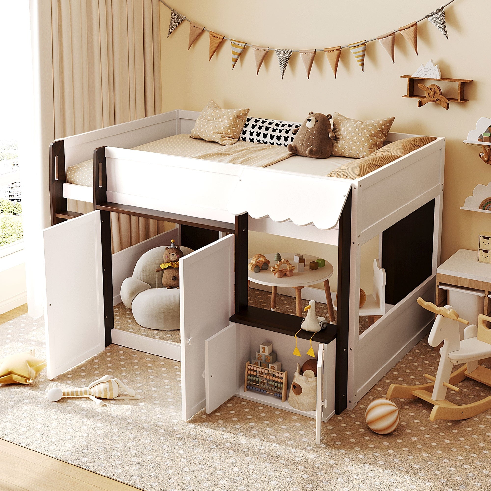 Full Loft House Bed With Playhouse Storage Modern Wood Cabin Bed For Kids