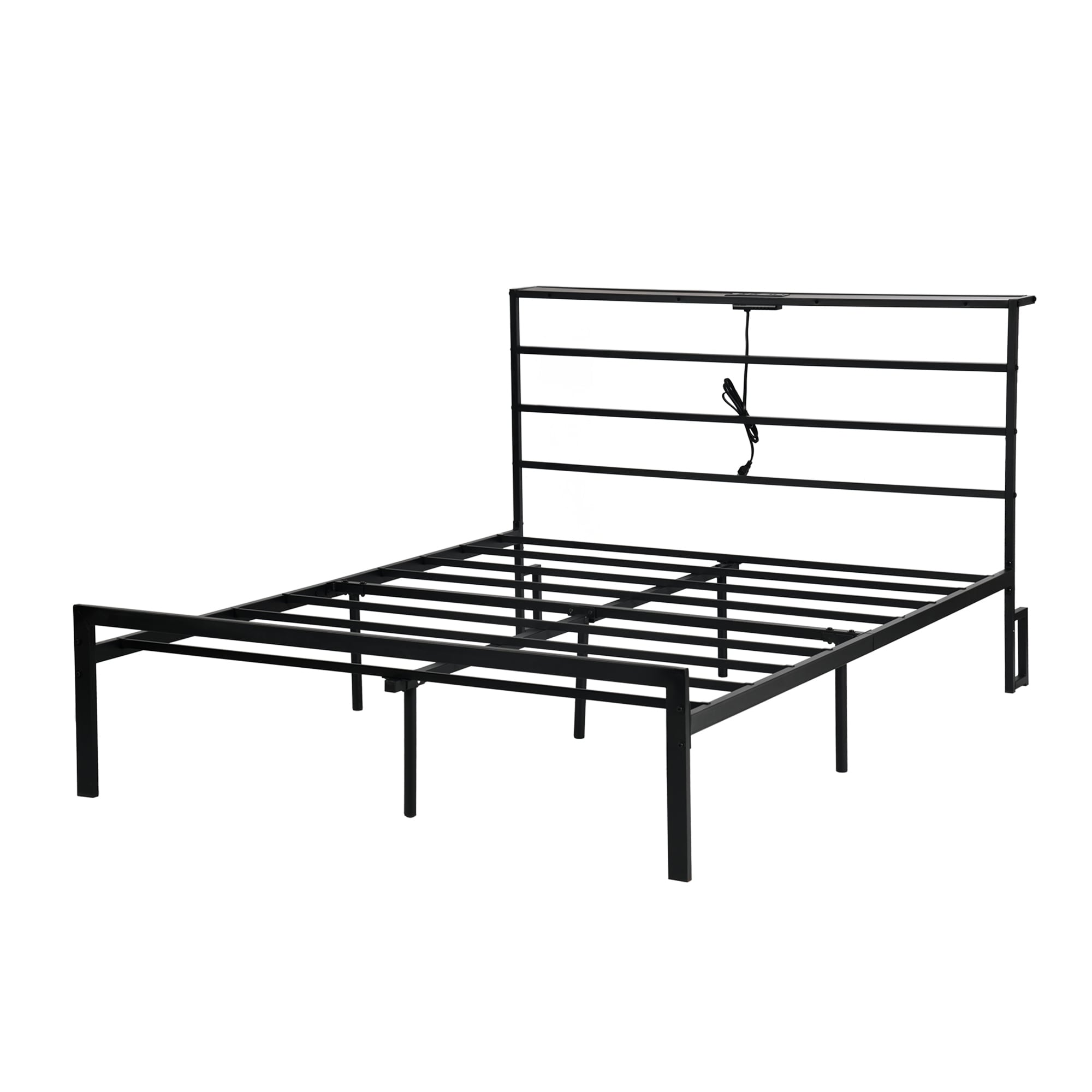 Full Metal Bed Frame With Led Lights Charging Station Storage Headboard No Box Spring Needed Black
