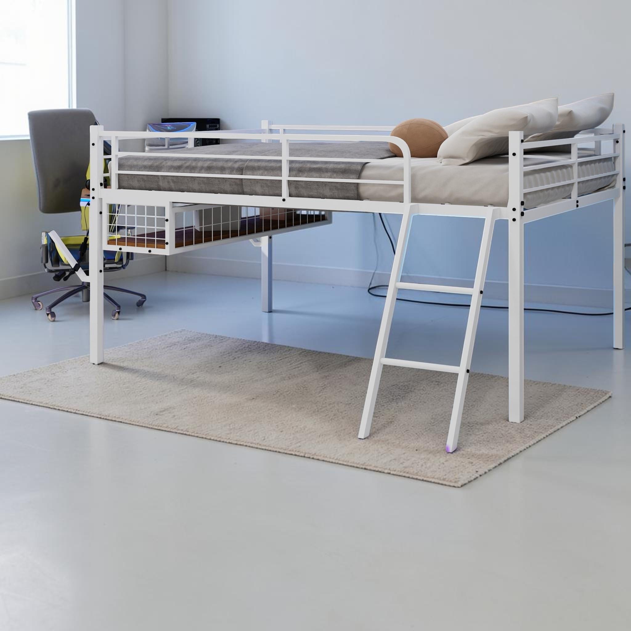 Full Metal Loft Bed With Desk And Led Light Loft Bed Frame With Storage Space And Safety Guardrails