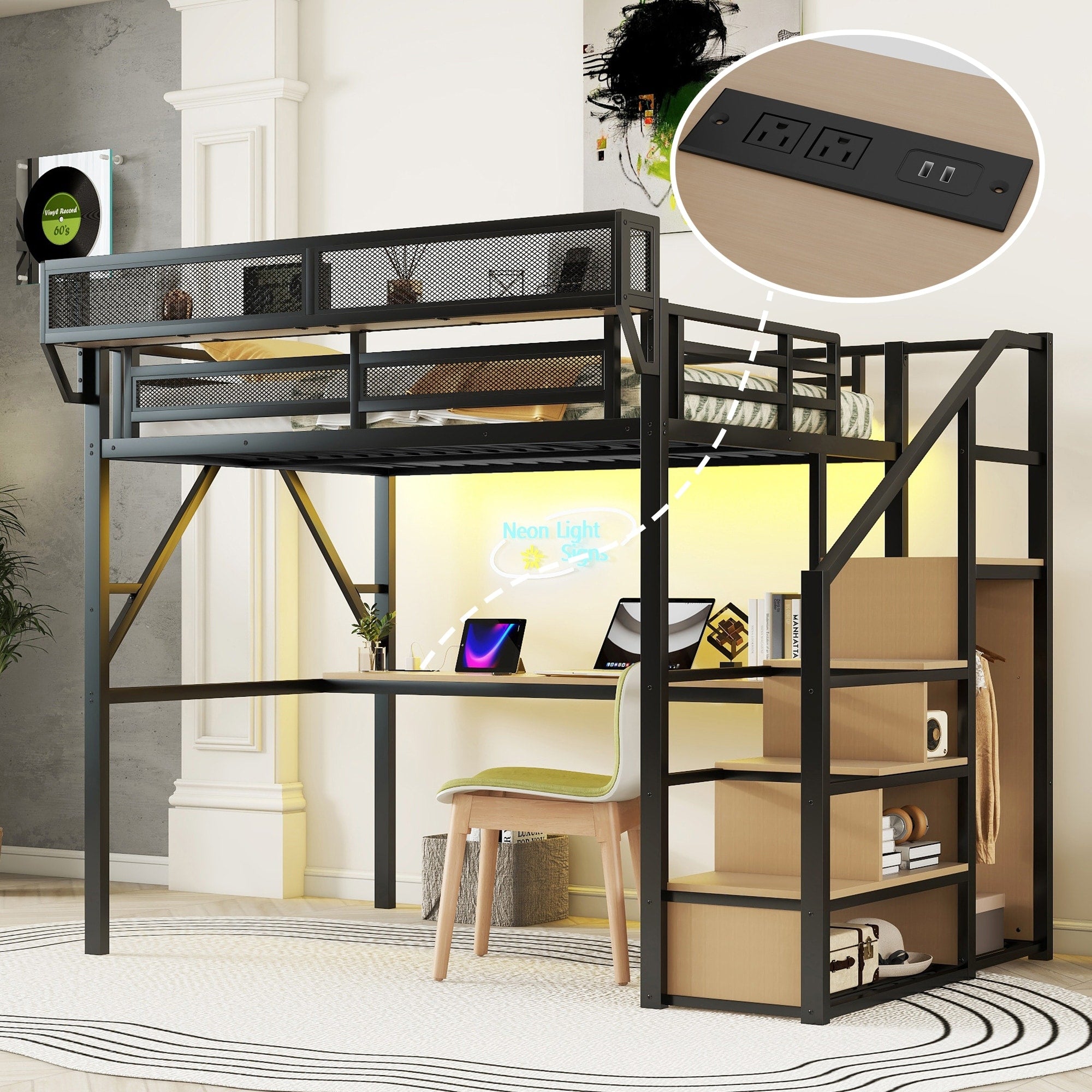 Full Metal Loft Bed With Desk Charging Station Stairs Light