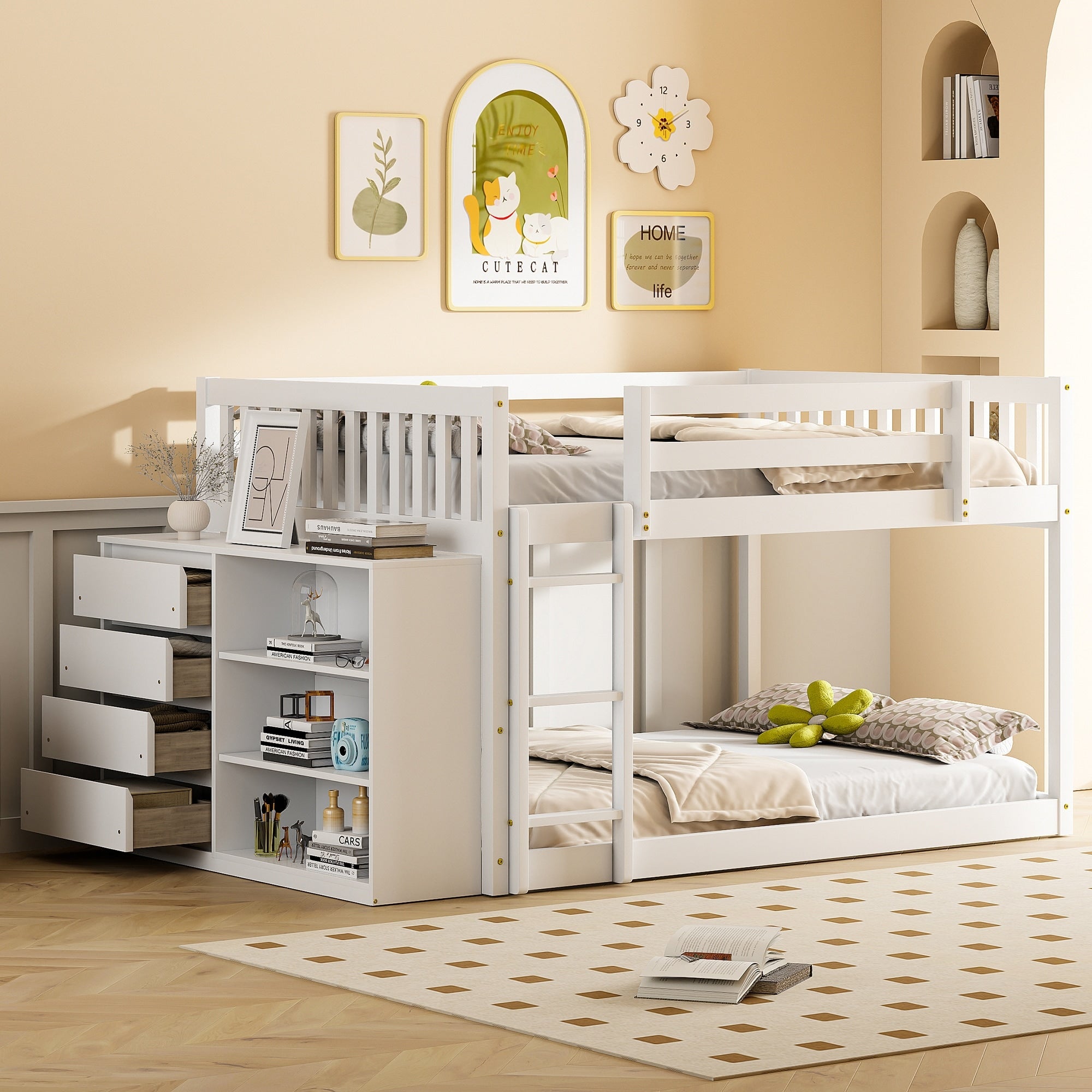 Full Over Full Bunk Bed With 4 Drawers And 3 Shelves In Solid Pine