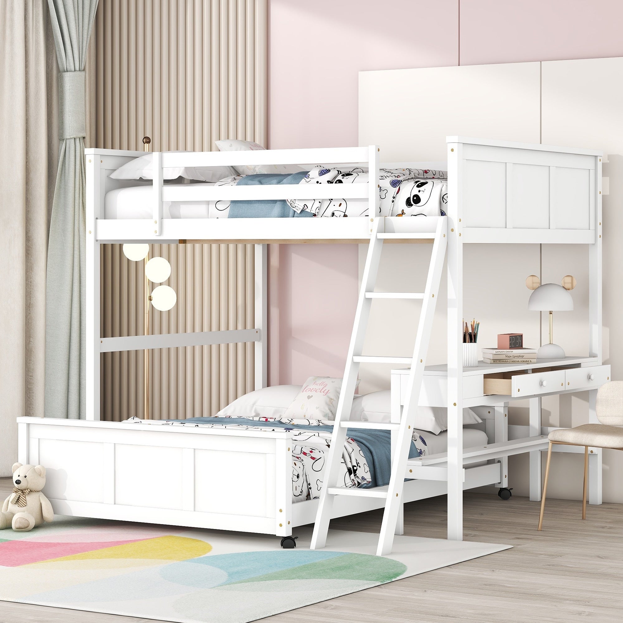 Full Over Full Bunk Bed With Desk Drawers Solid Pine Frame