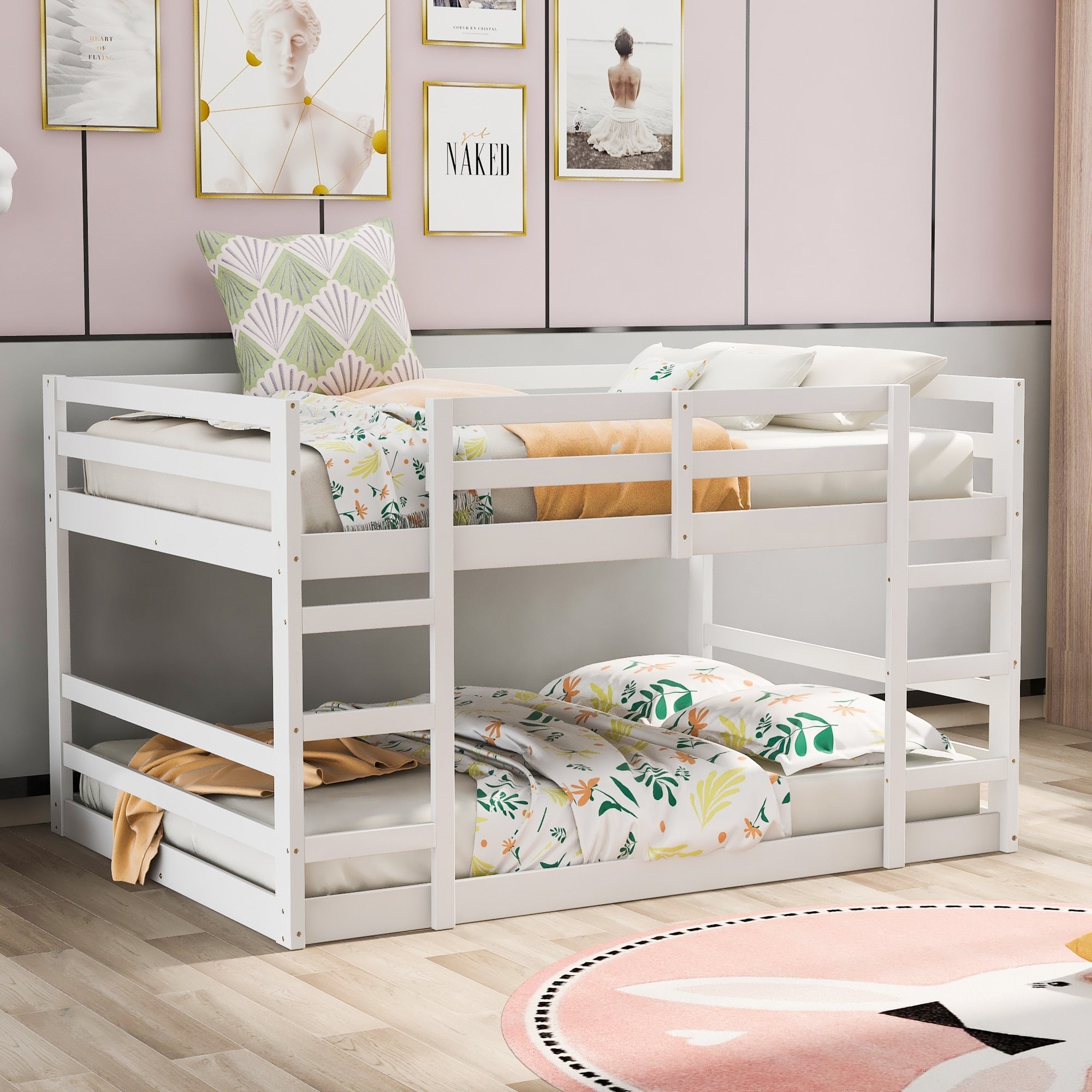 Full Over Full Bunk Bed With Ladder Solid Pine Wood Frame