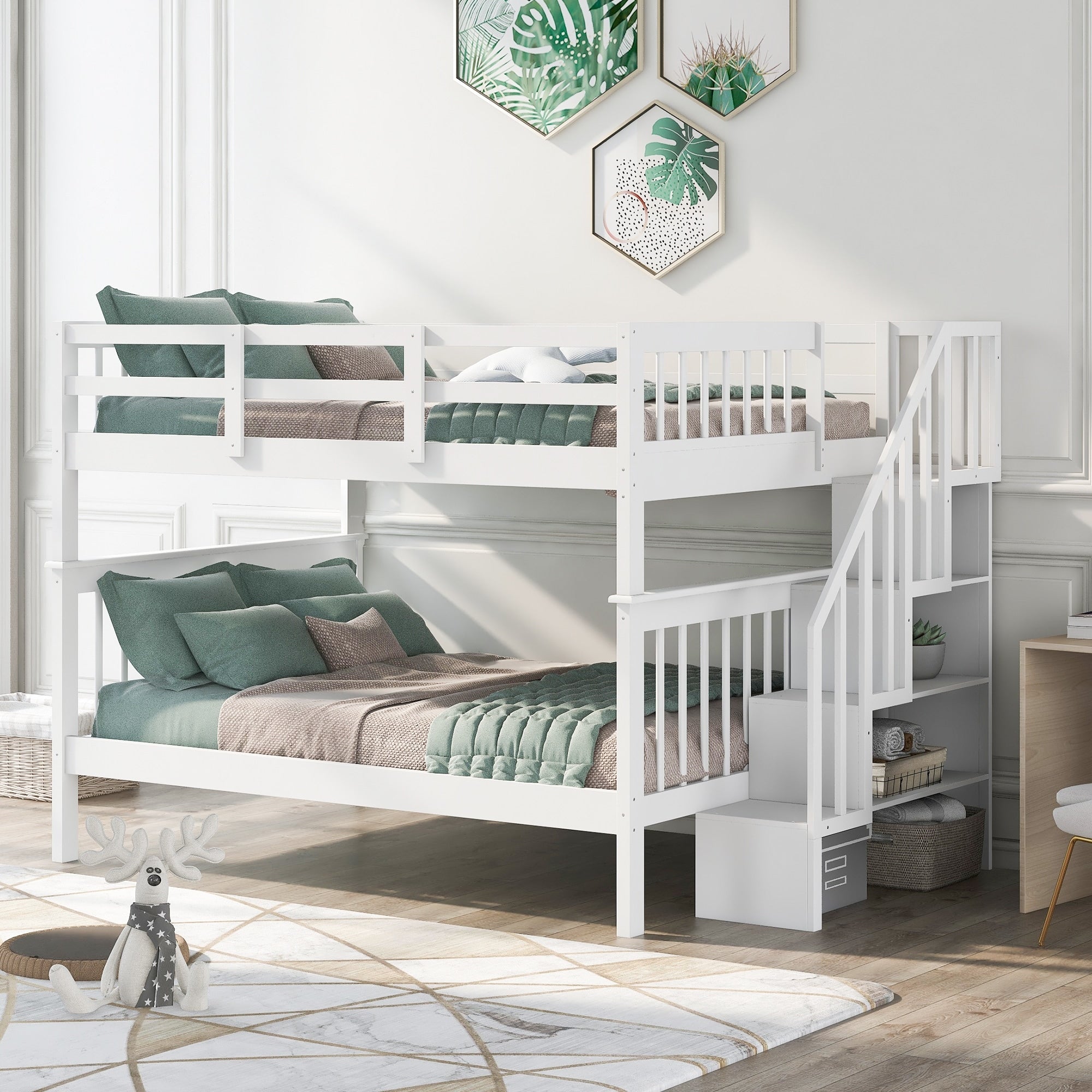 Full Over Full Bunk Bed With Safe Staircase Storage And Guard Rail