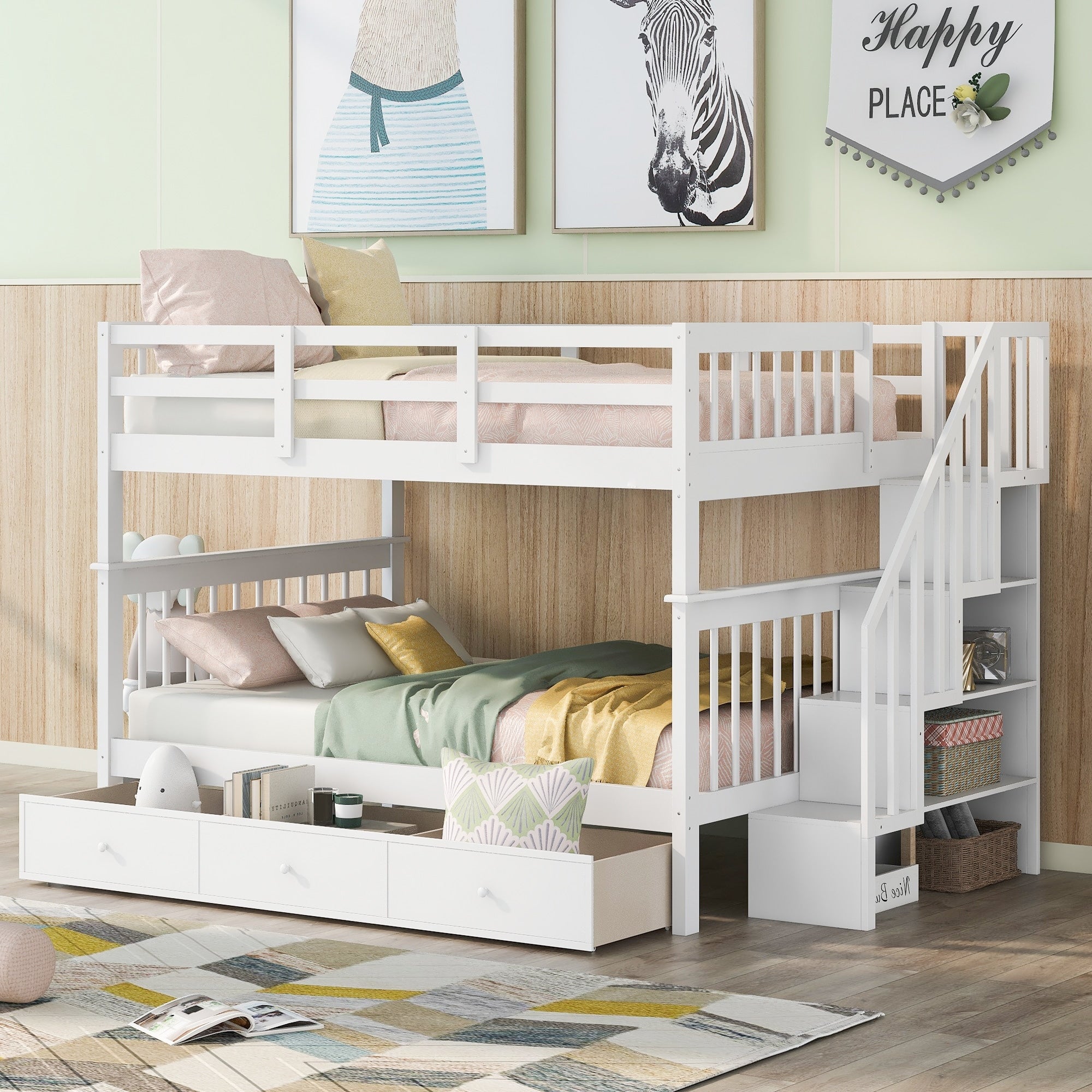 Full Over Full Bunk Bed With Stairs Storage And Safety Guard Rail