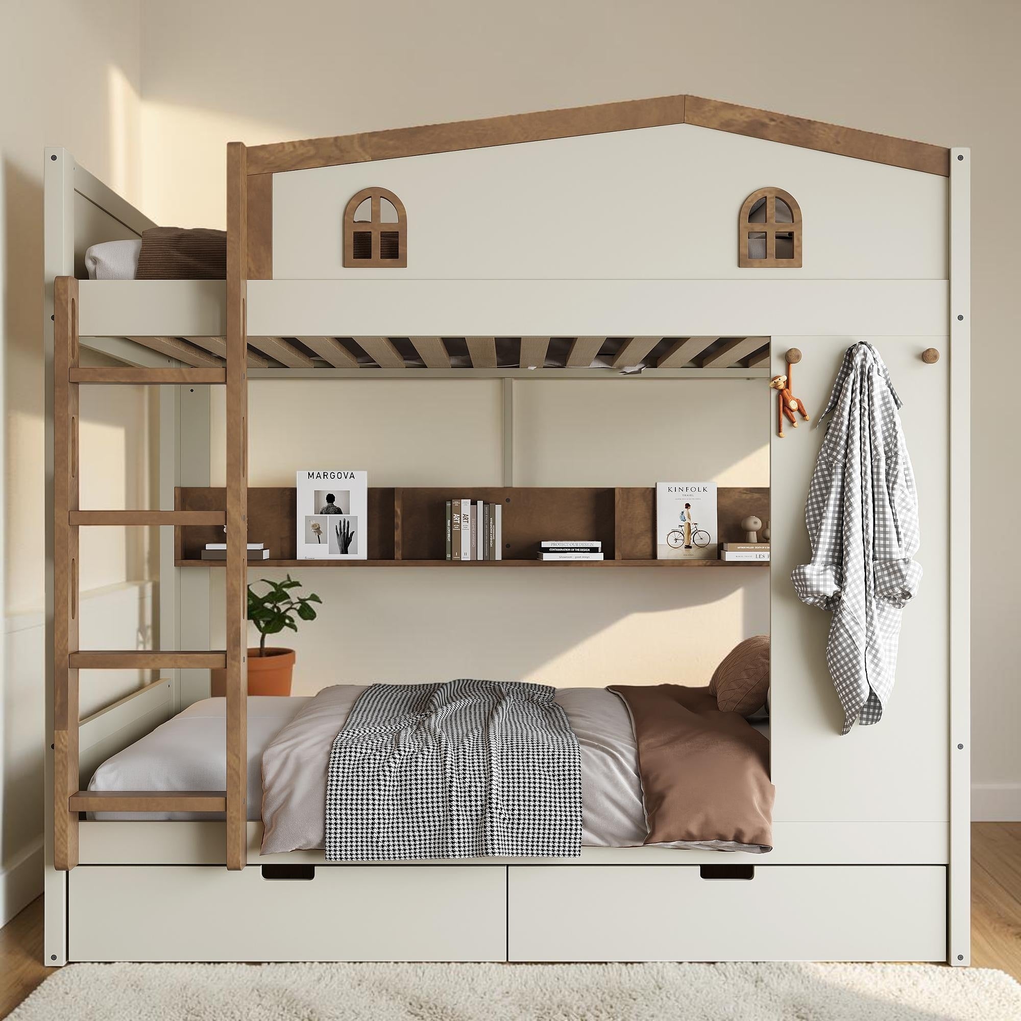 Full Over Full Bunk Bed With Storage Drawers And Shelves Solid Wood Bunk Bed With Hooks No Box Spring Needed