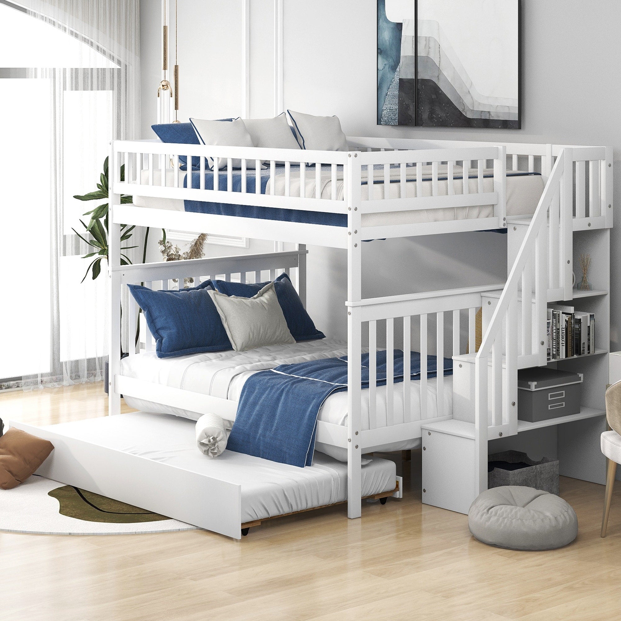 Full Over Full Bunk Bed With Trundle Staircase Storage