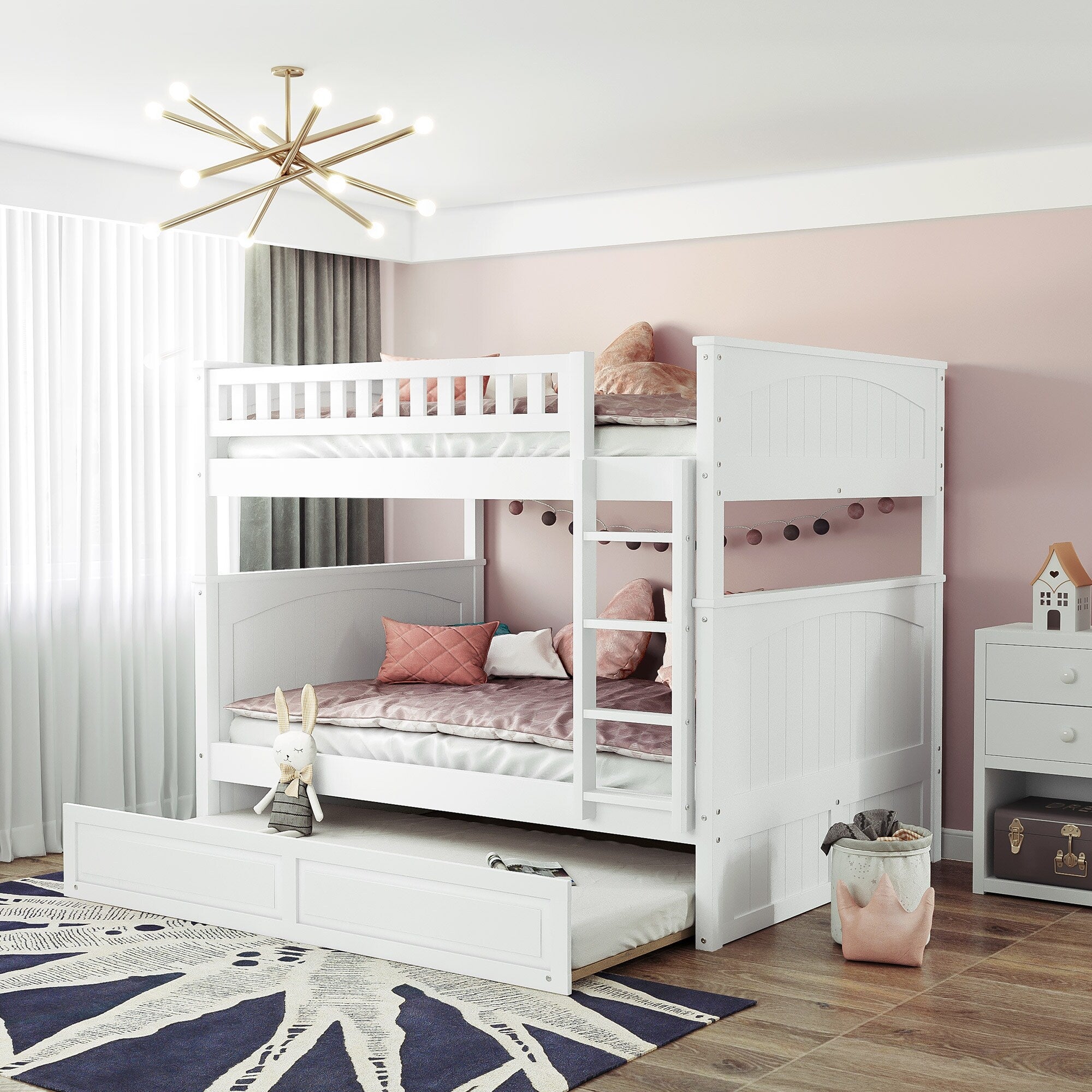 Full Over Full Bunk Bed With Twin Trundle And Safety Guardrails