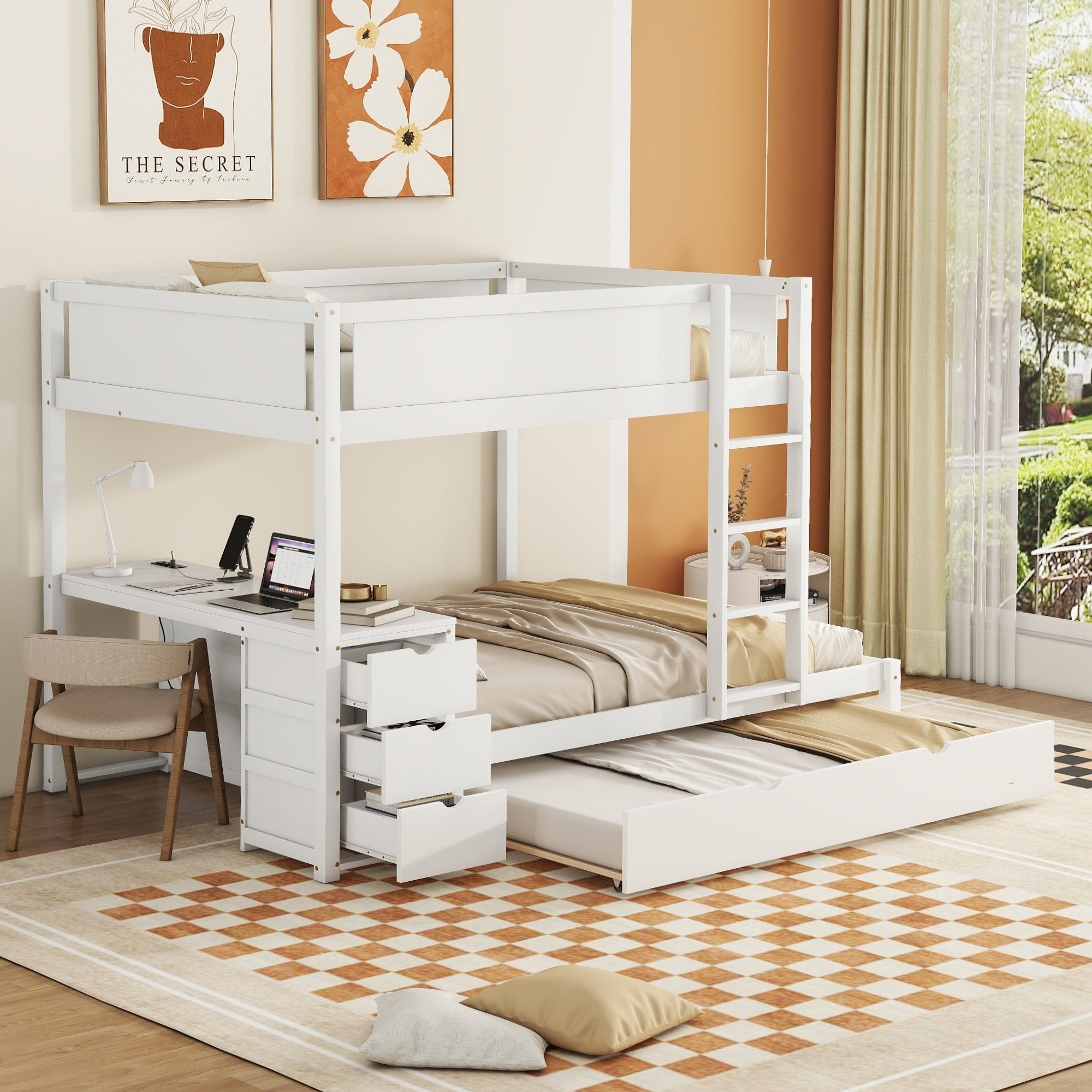 Full Over Full Bunk Bed With Twin Trundle Desk And Usb Outlets